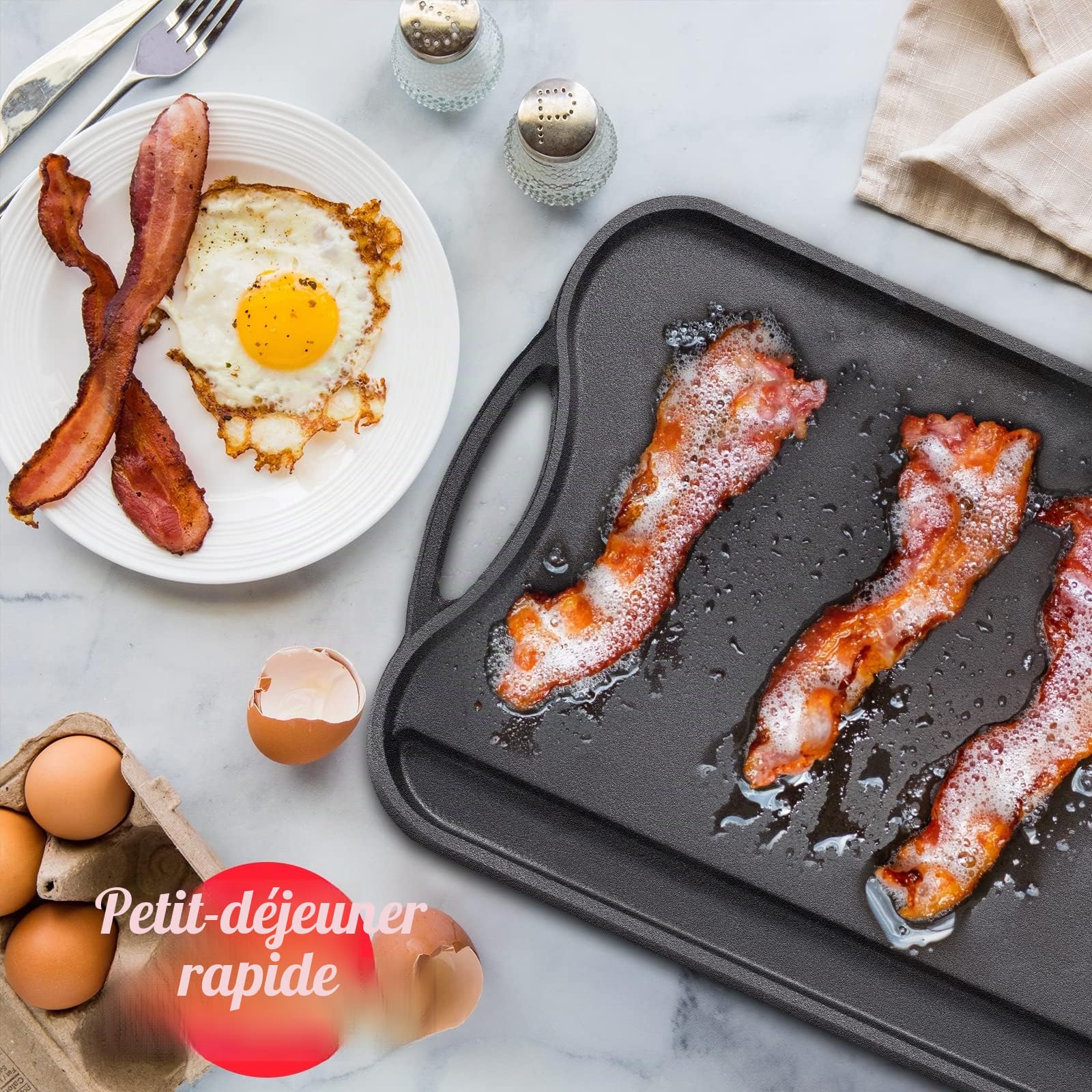 OVERMONT Poêle Grill Réversible en Fonte avec Poignées pour Cuisinière à Gaz
