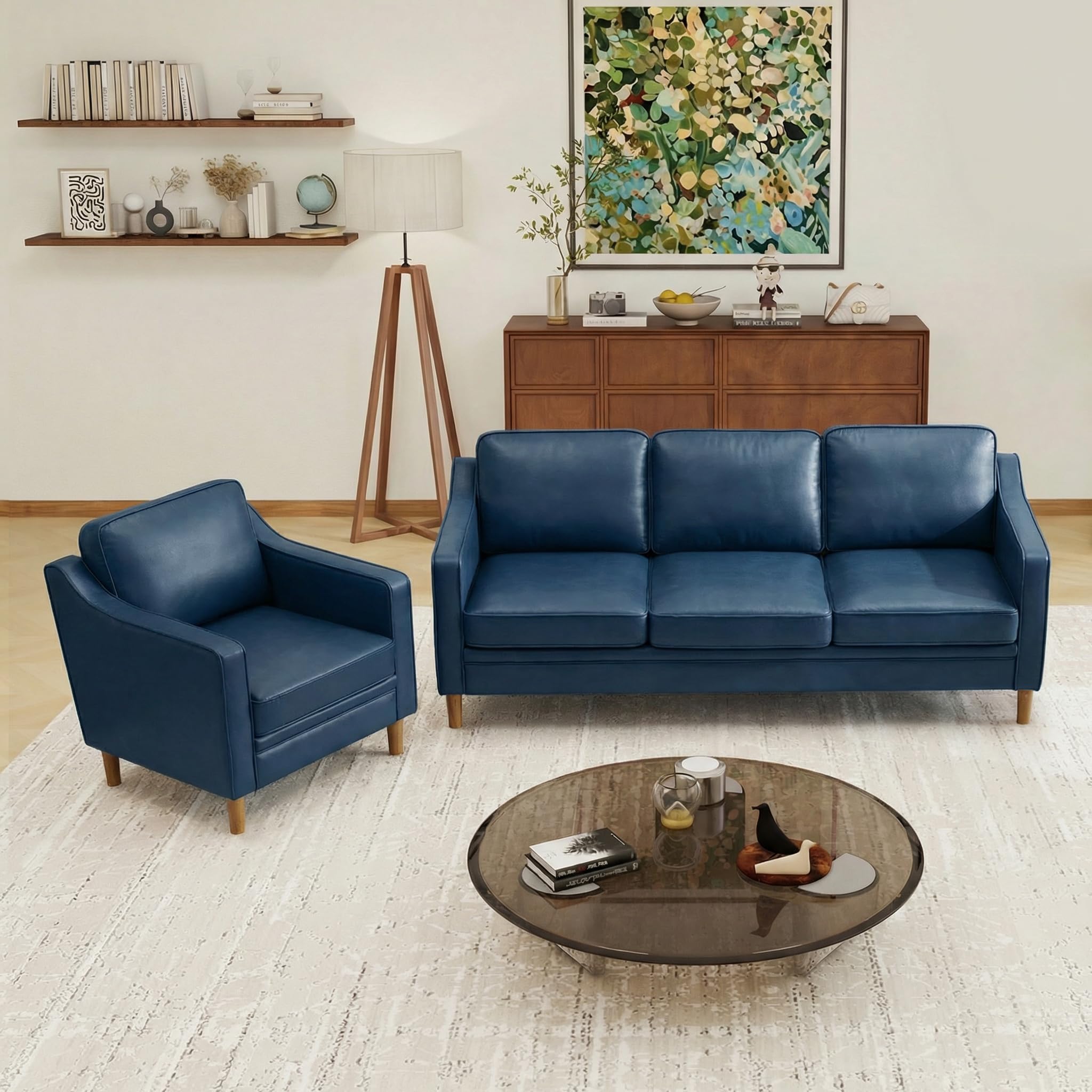 Living Room Furniture Sets, 3 Seater Couch and Armchair, Mid Century Modern Sofa Set, Faux Leather Couch with Solid Wood Frame for Living Room &amp; Bedroom, Blue