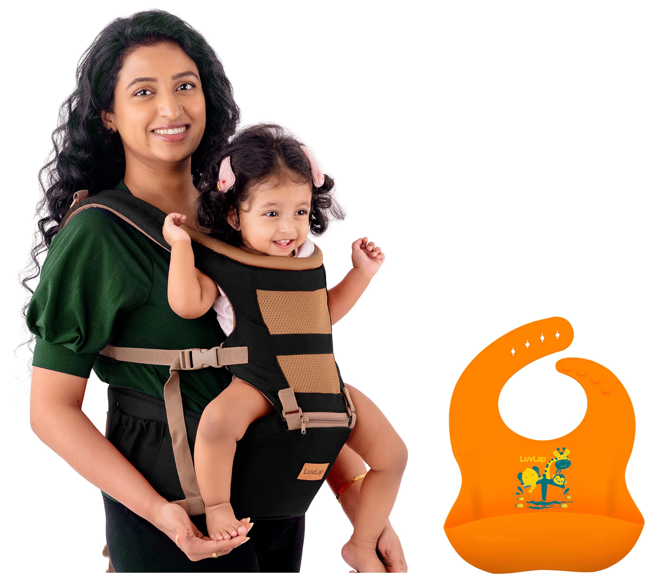 LuvLap Royal Hip Seat Baby Carrier with 4 Carry Positions, Max Weight Up to 15 Kgs (Black) & LuvLap Silicone Baby Bib for Feeding & Weaning Babies & Toddlers, (Orange)-picture-11