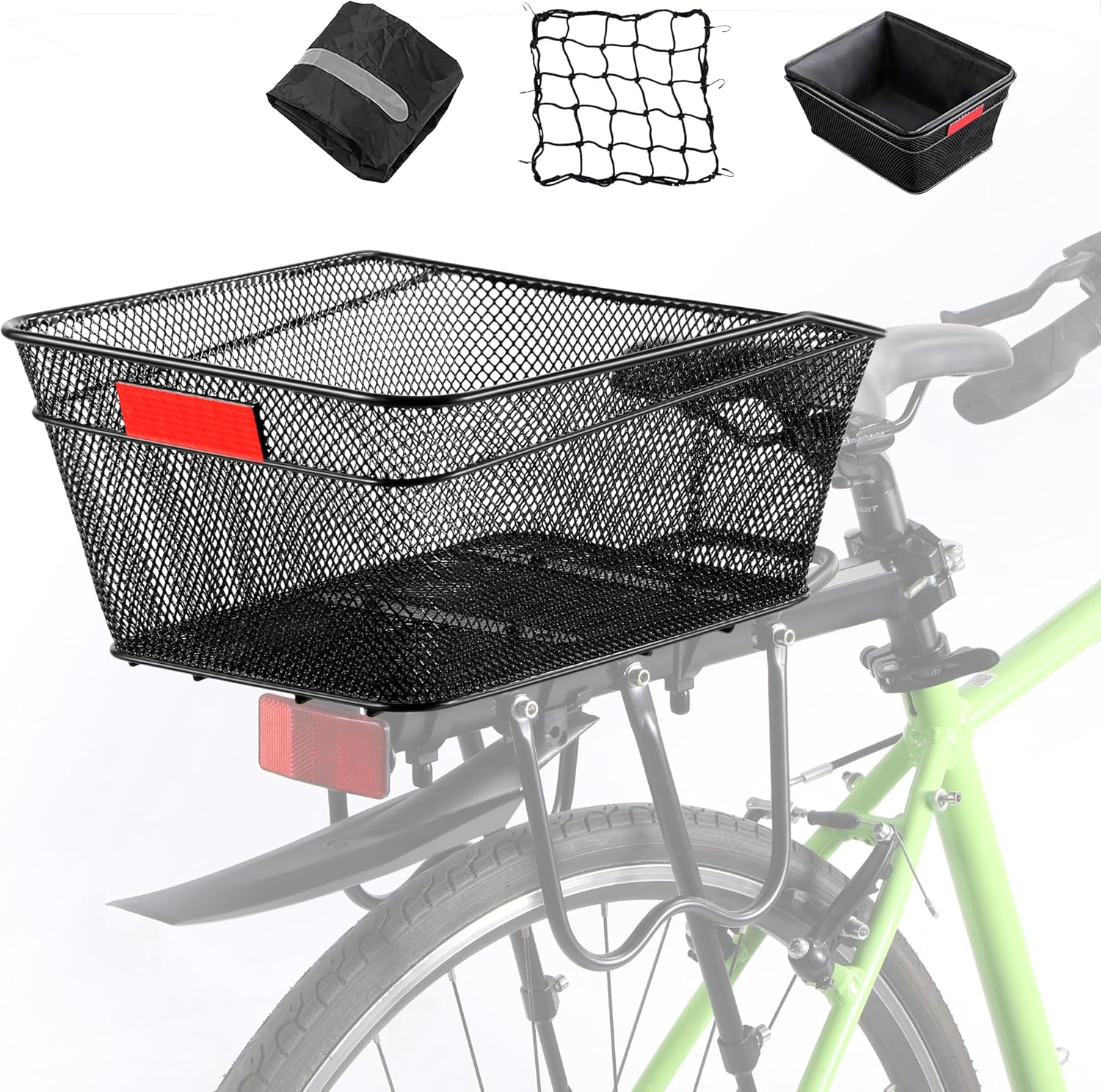 Rear Bike Basket with Liner,Large Bicycle Basket with Waterproof Cover,Bicycle Rear Basket with Cargo Net,Great for Bike Trip,Carrying Grocery and Some Heavy Load