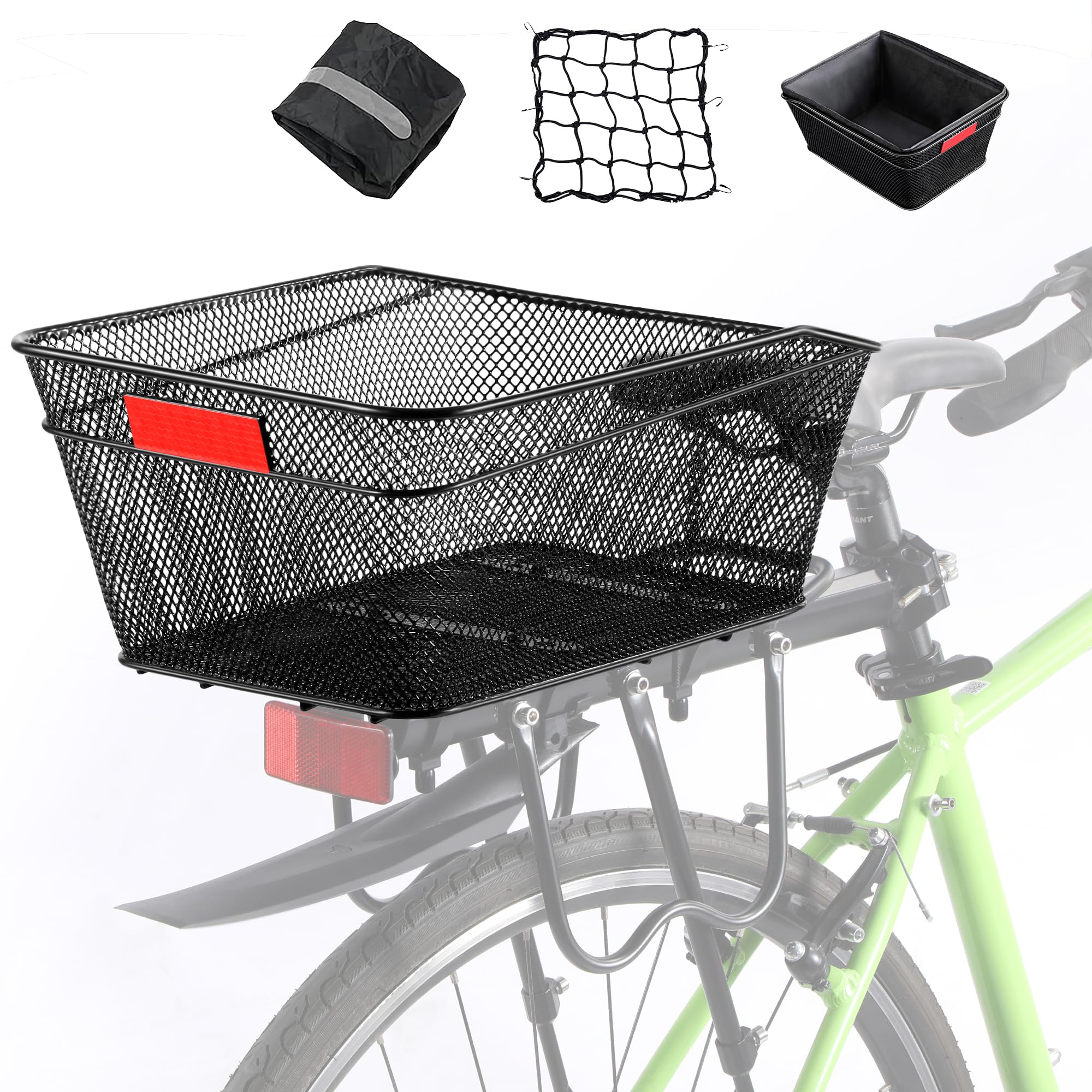 Rear Bike Basket with Liner,Large Bicycle Basket with Waterproof Cover,Bicycle Rear Basket with Cargo Net,Great for Bike Trip,Carrying Grocery and