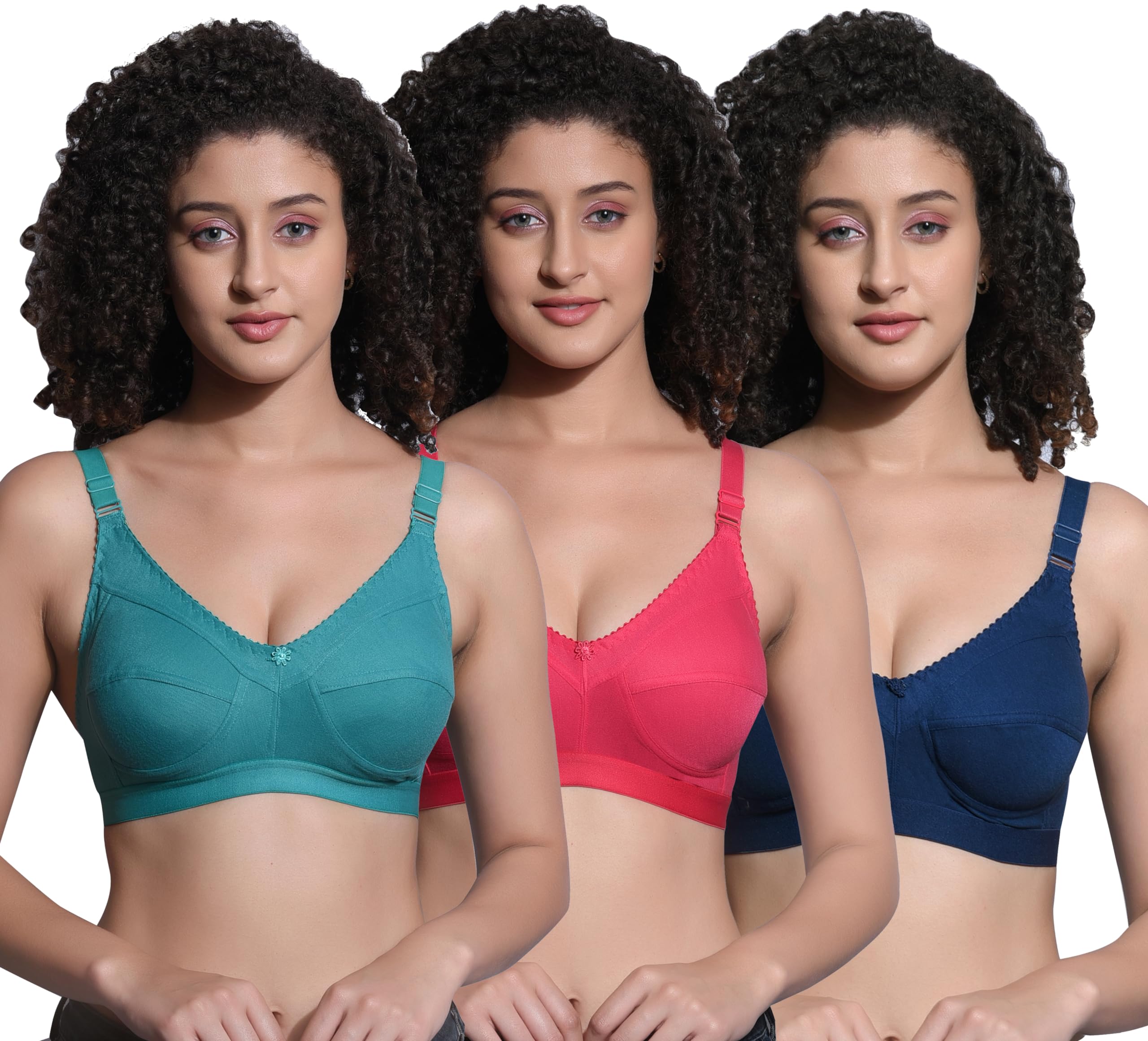 BRIELLE Women's Cotton Bra C-Cup Plus Size Non-Padded Wire-Free Full Coverage Bra for Heavy Bust Ladies Daily Use (Pack of 3)