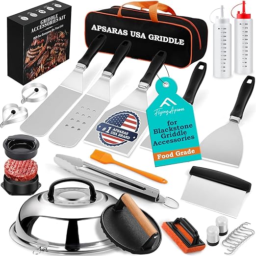 APSARAS USA 27pcs Griddle Accessories Kit for Blackstone, Grilling Accessories,Hibachi Enlarged Spatula Gift Set with Basting Cover,Flat Top Grill Accessories, Burger Press Patty Maker,Storage Bag