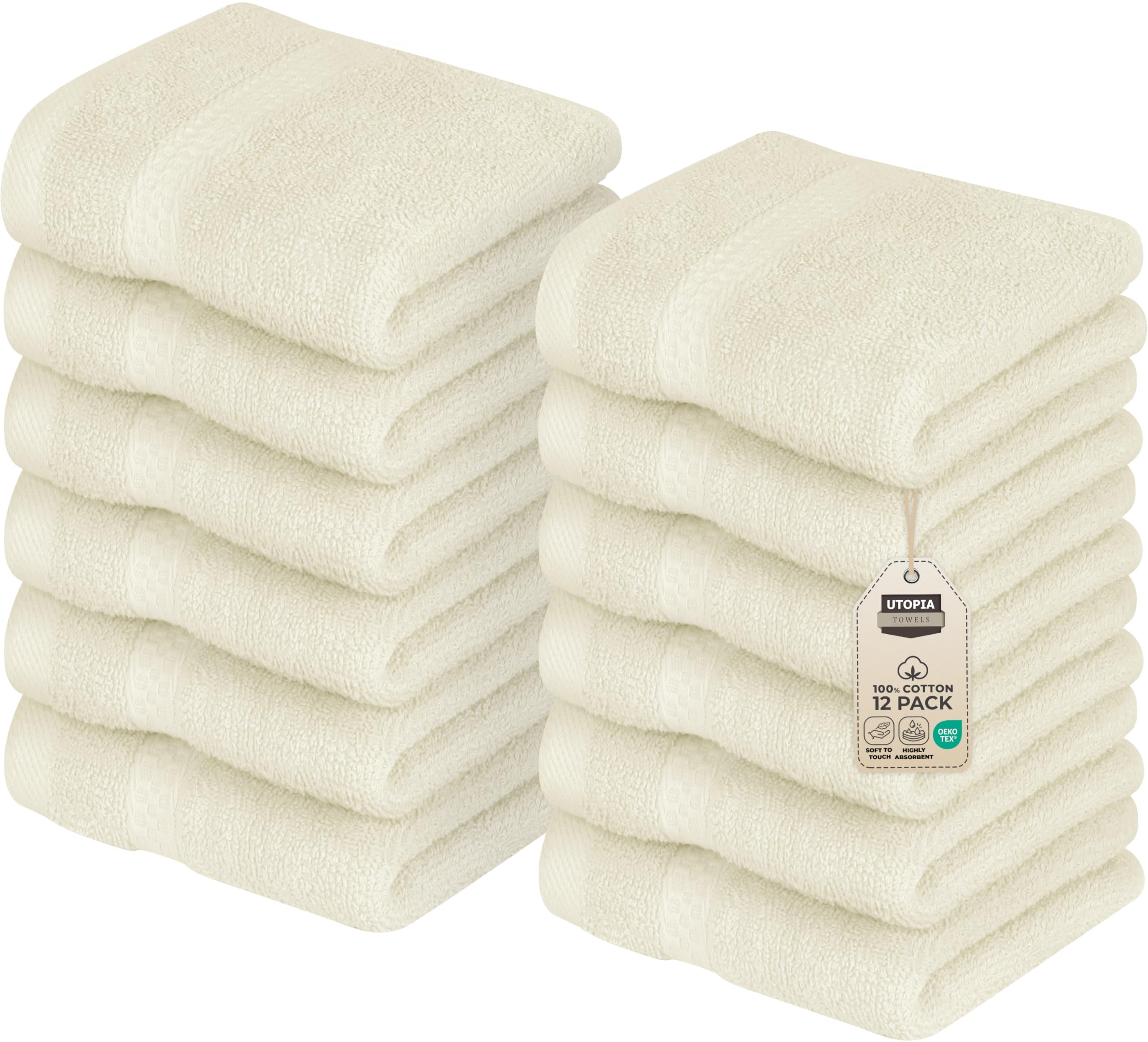 Towels 12 Pack Premium Wash Cloths Set, 12 by 12 Inches, 100% Cotton Ring Spun, Highly Absorbent and Soft Feel Essential Washcloths for Bathroom, Spa, Gym, and Face, Ivory