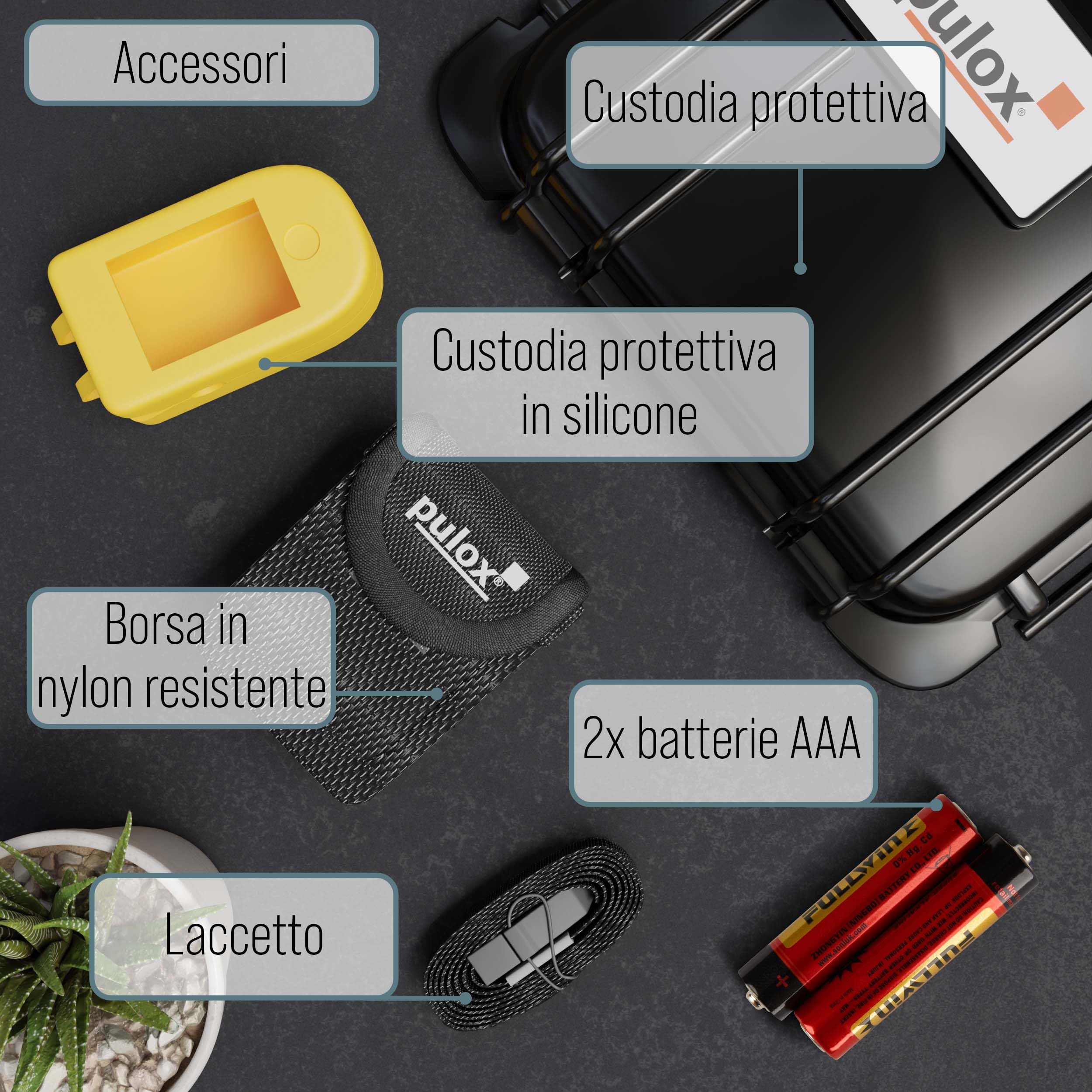 Pulsossimetro Pulox PO-200 Set - Saturimetro da dito professionale con custodia, borsa, batterie e cordino - Misurazione di SpO2, polso e PI sul dito