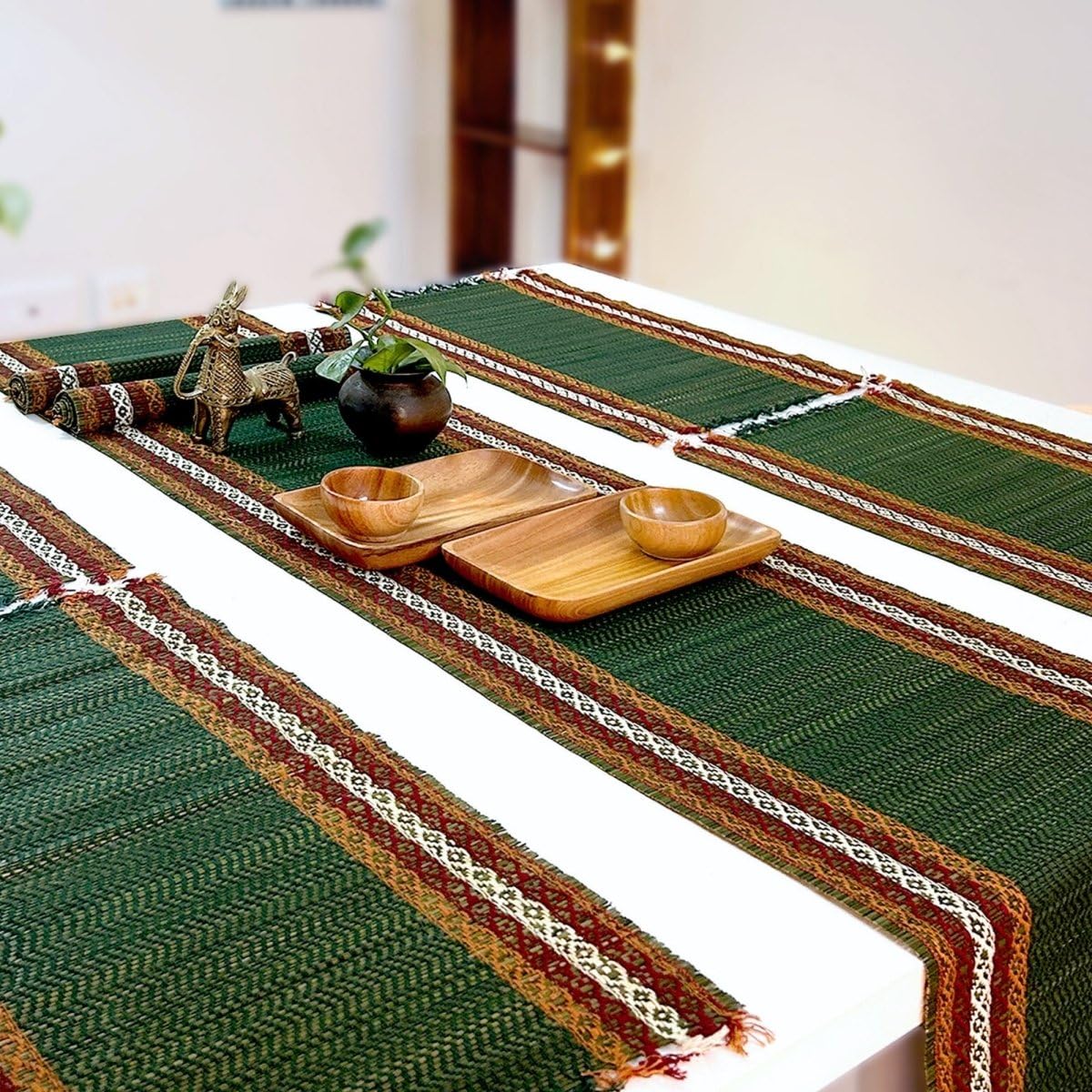 Grass Handcrafted Heat Resistant Dinner Placemats For Dining Table | Eco Friendly Tableware Sustainably Handwoven From Natural Grass, Rectangle (6 Placemats And 1 Table Runner, Green)