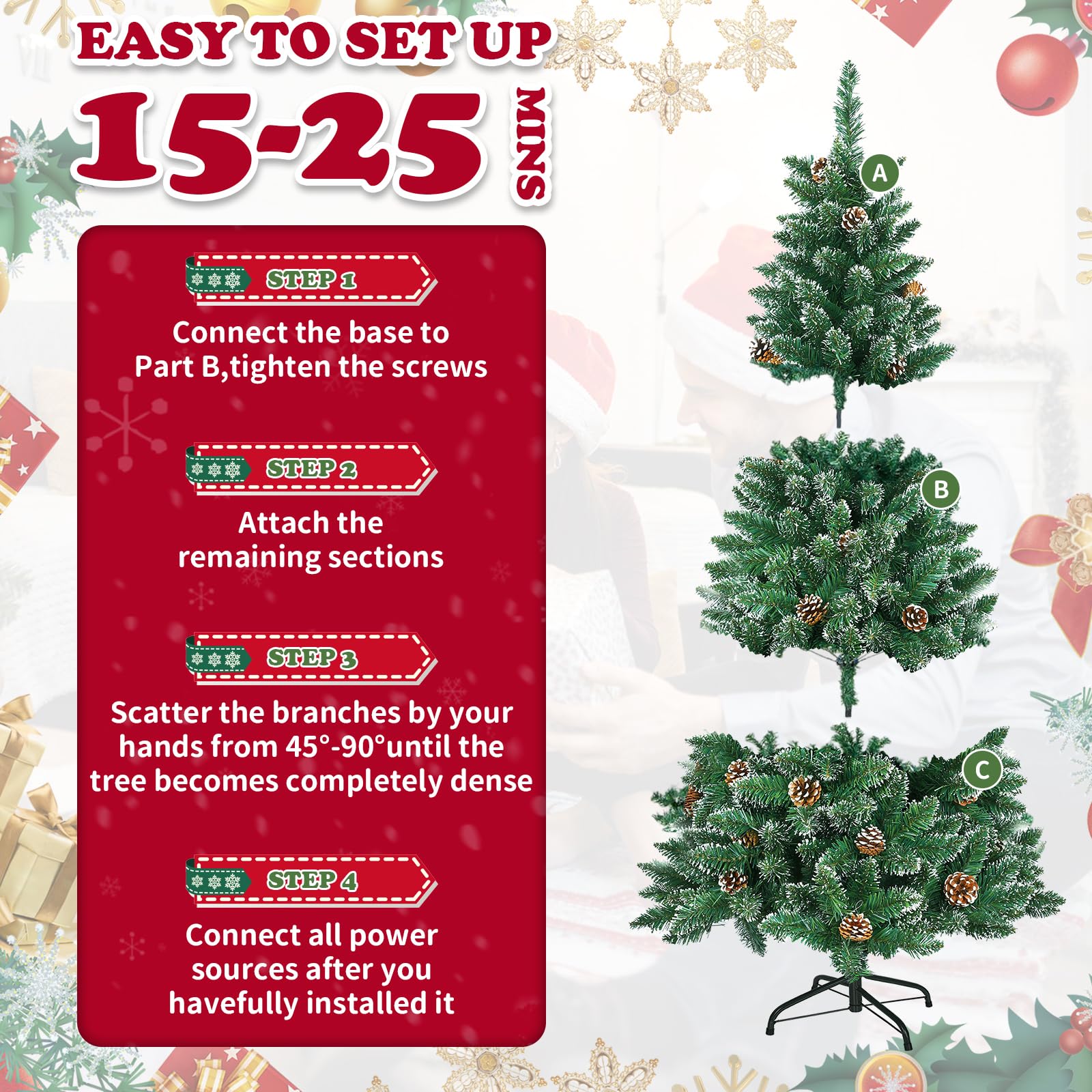 Árbol de Navidad verde de 210 cm con nieve blanca 820 puntas de PVC, 350 luces LED y 36 piñas, artificial plegable con soporte de metal para exterior e interior