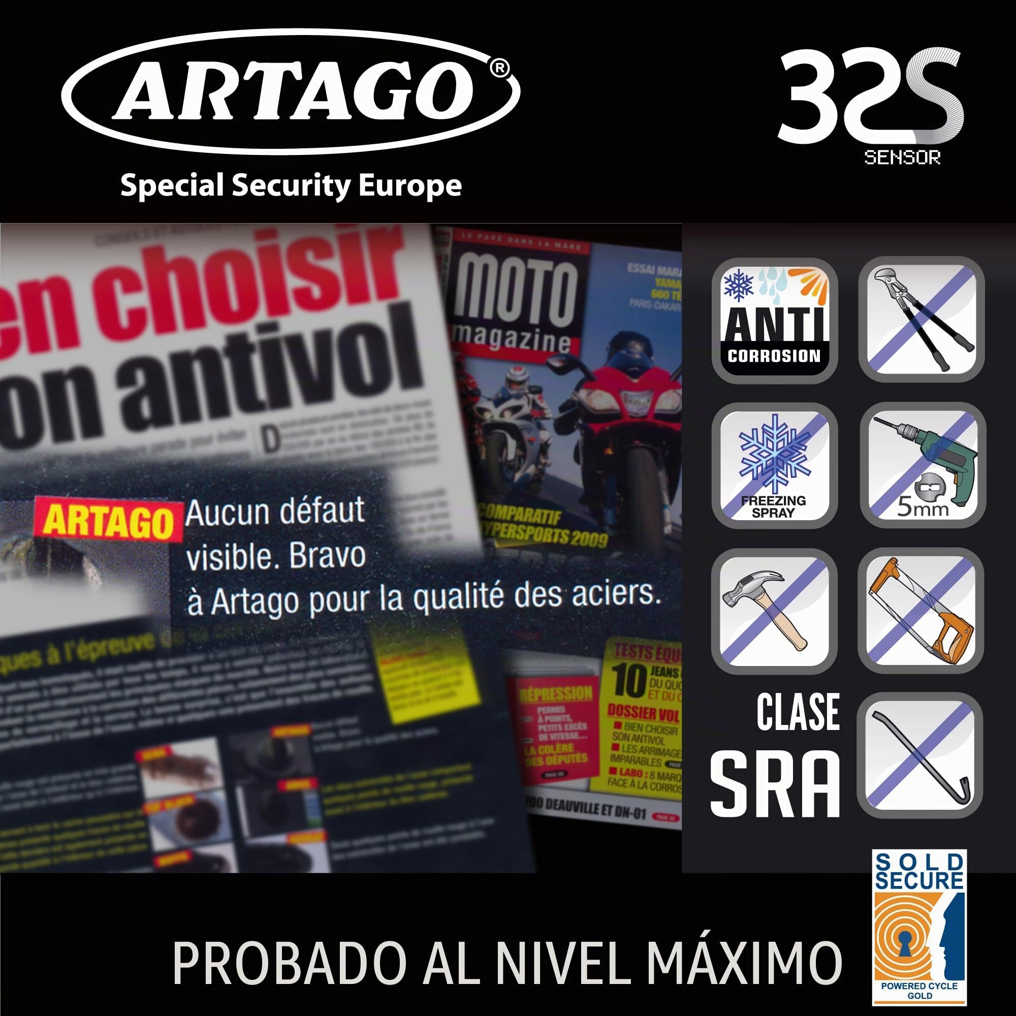 Artago 32S3 Pack Candado Antirrobo Disco con Alarma 120db Alta Seguridad + Soporte para Kawasaki Z900, Homologado Sra