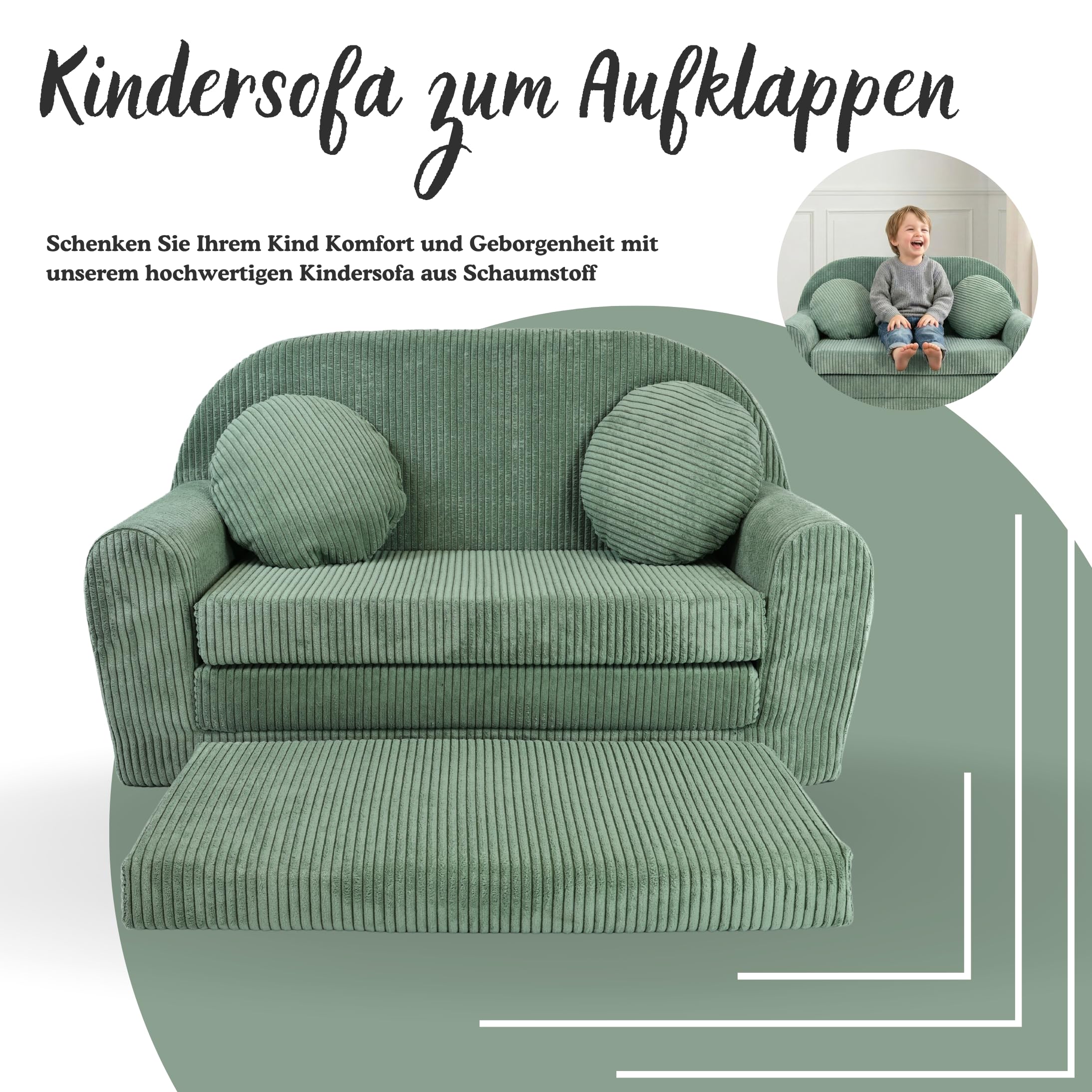 FORTISLINE Kindersofa XXL ausklappbar 96x57x48 cm - Kindercouch aus Cord mit Liegefläche 165 cm, Kinderzimmer Sofa mit 2 Kissen, Abnehmbarer waschbarer Bezug, Oeko-TEX Standard 100