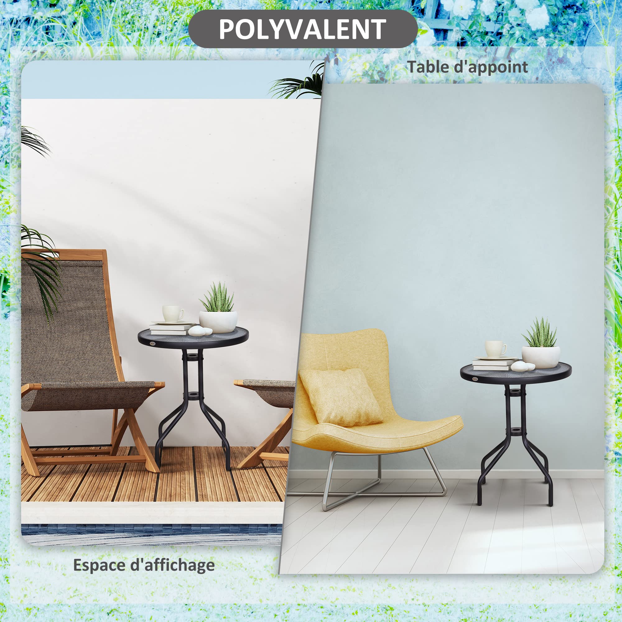 Outsunny Table Ronde Bistro de Jardin Extérieur Ø 60 x 70H cm Noir | Métal Époxy, Anticorrosion, Plateau Verre Trempé