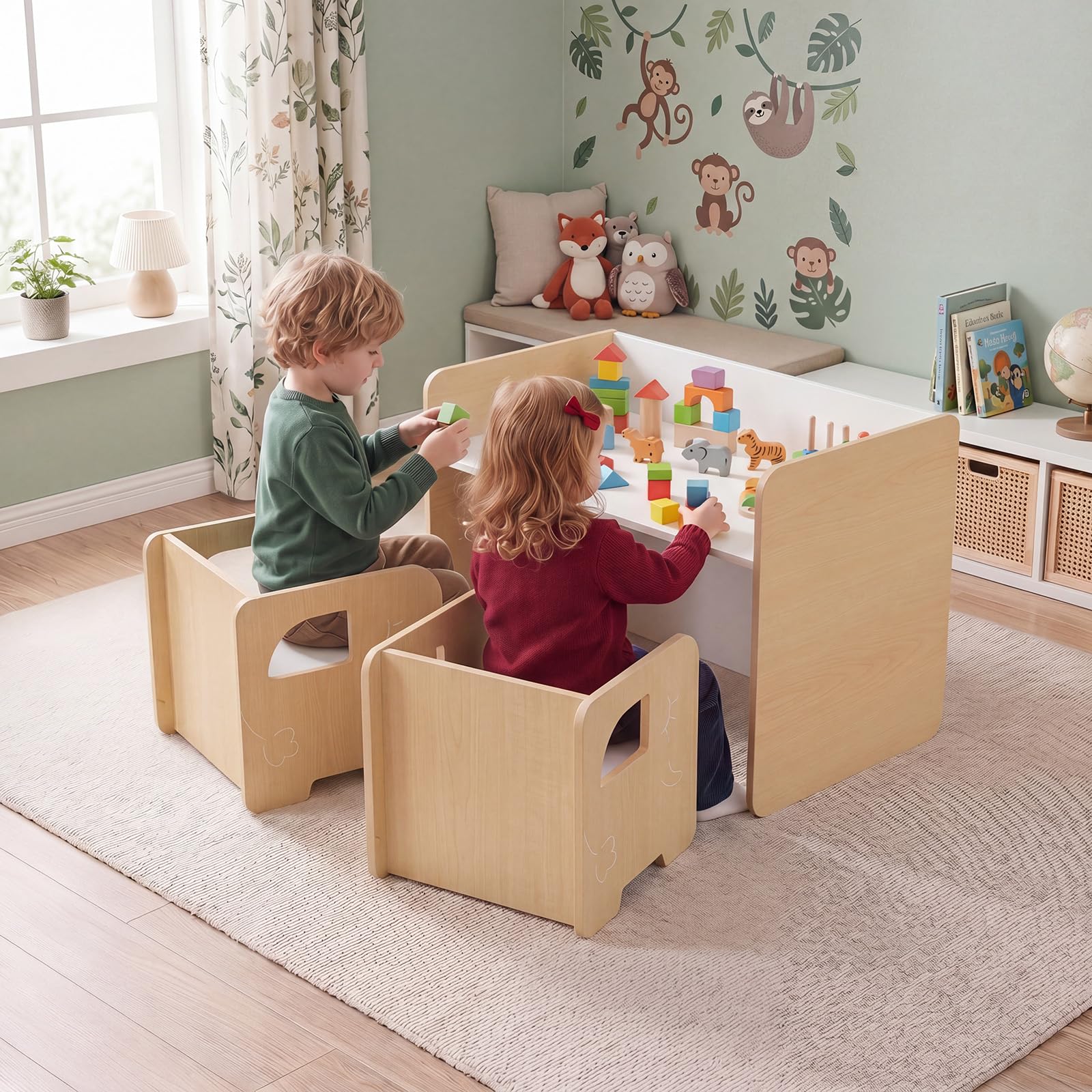 LIFEZEAL Set aus Tisch und Stühlen für Kinder, 3-teilig (Natur)