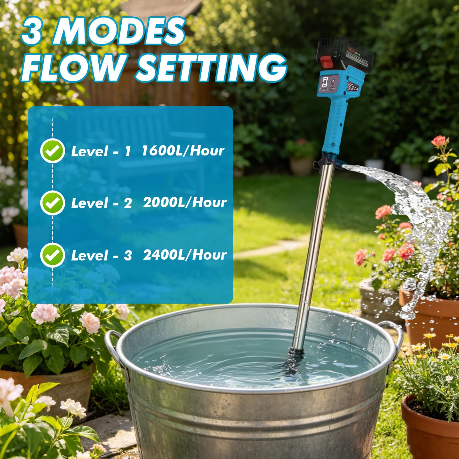 Akku Regenfasspumpe, Kabellose Regenfasspumpe Elektrisch mit 2×1500mAh Akku & 8 m Wasserrohr, max.Fördermenge 3000 L/h, 3-stufiger Durchfluss, Akku Stab-Wasserpumpe für Garten, Pool, Teich, Boot