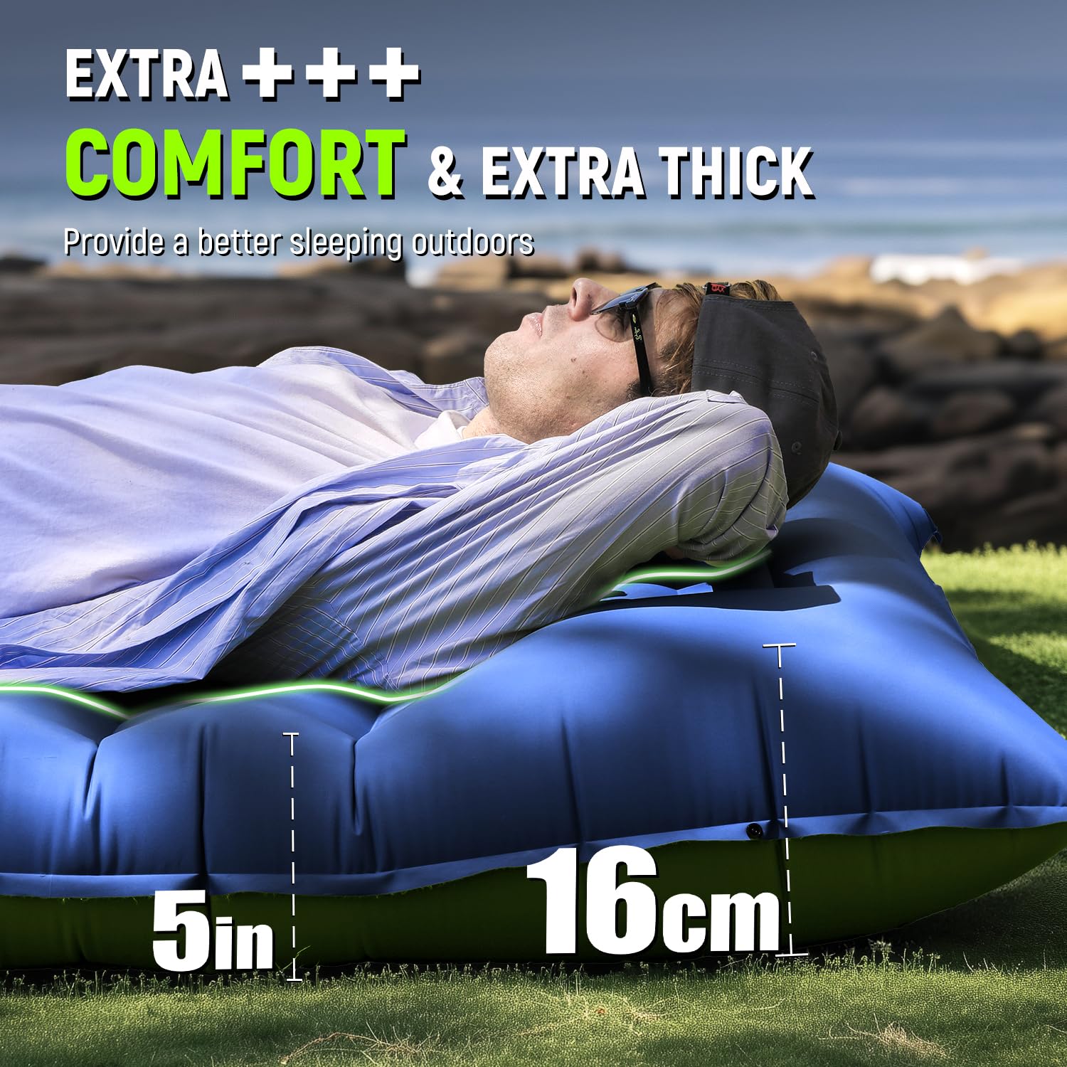 Myxslop Sleeping Pad for Camping, 5 Inch Extra Thick Camping Sleeping Pad with Pillow Built-in Foot Pump, Lightweight Inflatable Sleeping Mat, Backpacking, Hiking, Tent