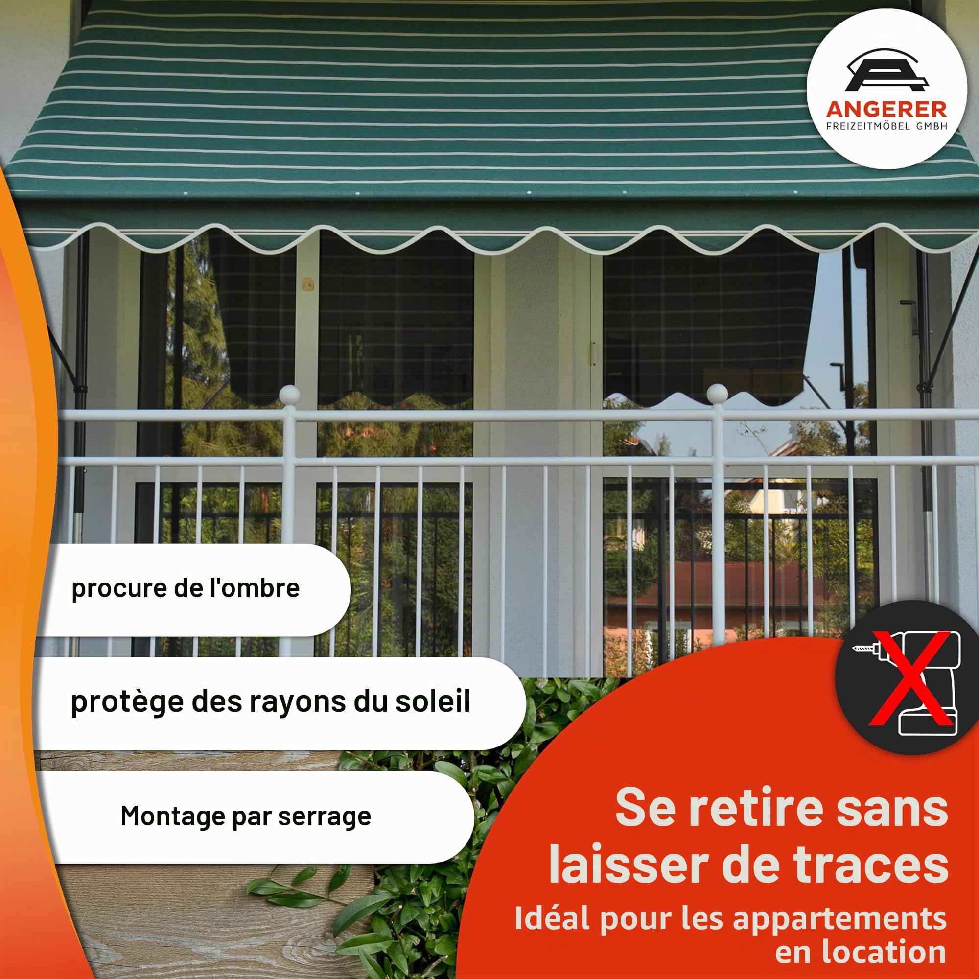 Angerer Store banne à Serrage Exclusif avec manivelle, terrasse/Balcon, Montage Facile sans perçage, fabriqué en Allemagne, Tissu de Haute qualité, résistant aux UV, réglable en Hauteur, imperméable