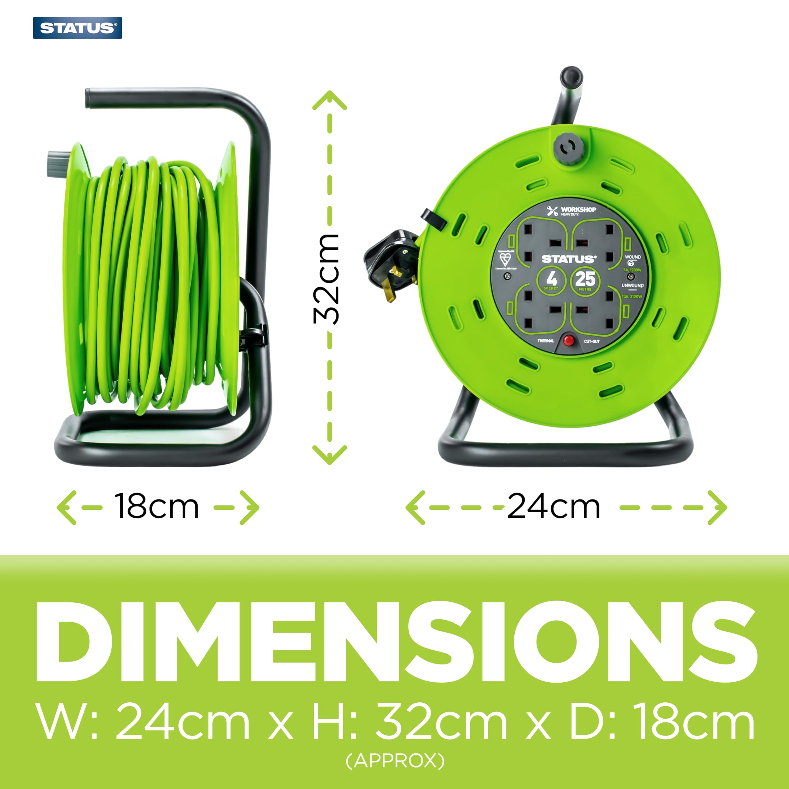 Close-up of the Status 4 Socket Cable Reel's durable green cable and multiple sockets.