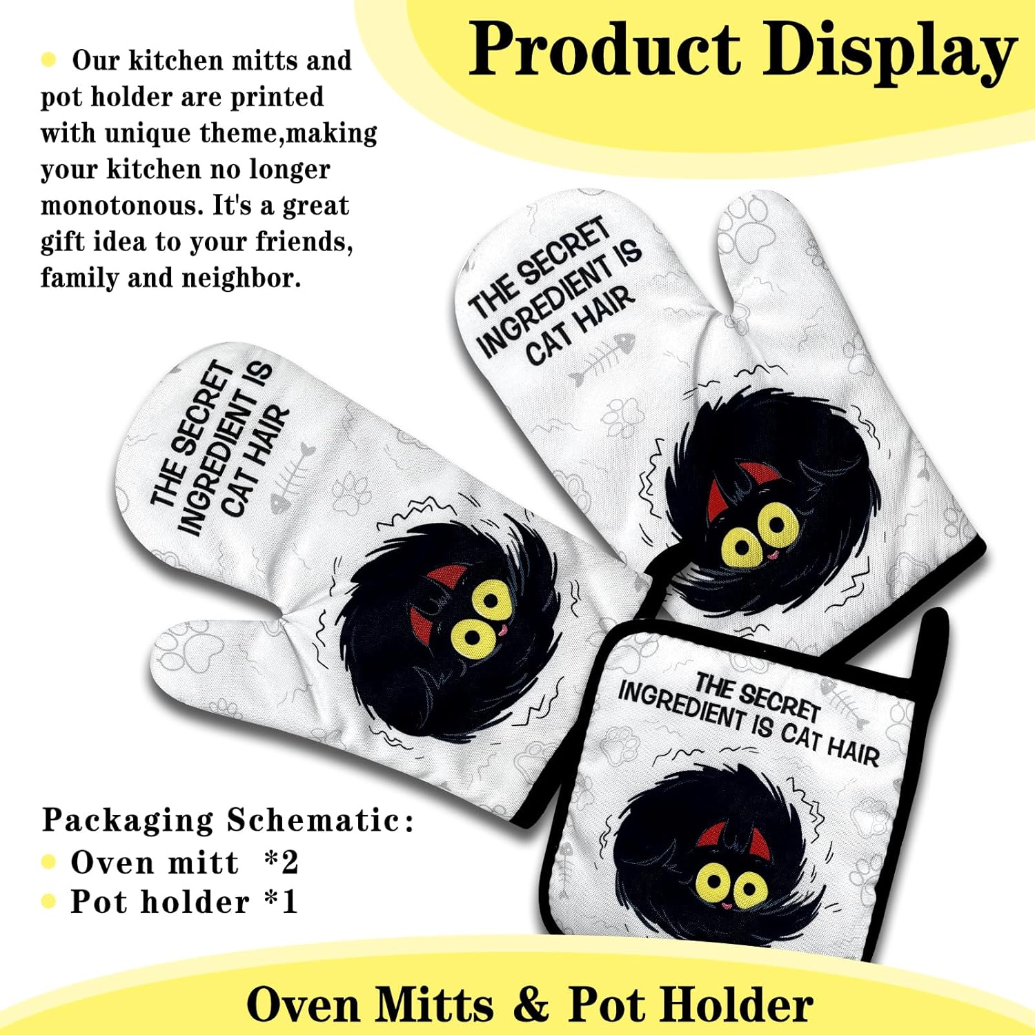 Funny Black Cat Oven Mitts and Pot Holders Set of 3, The Secret Ingredient is Cat Hair, Heat Resistant Non-Slip Kitchen Mitts Hot Pads, Sweet Housewarming Gifts for Hostess Baker Friend - Image 2