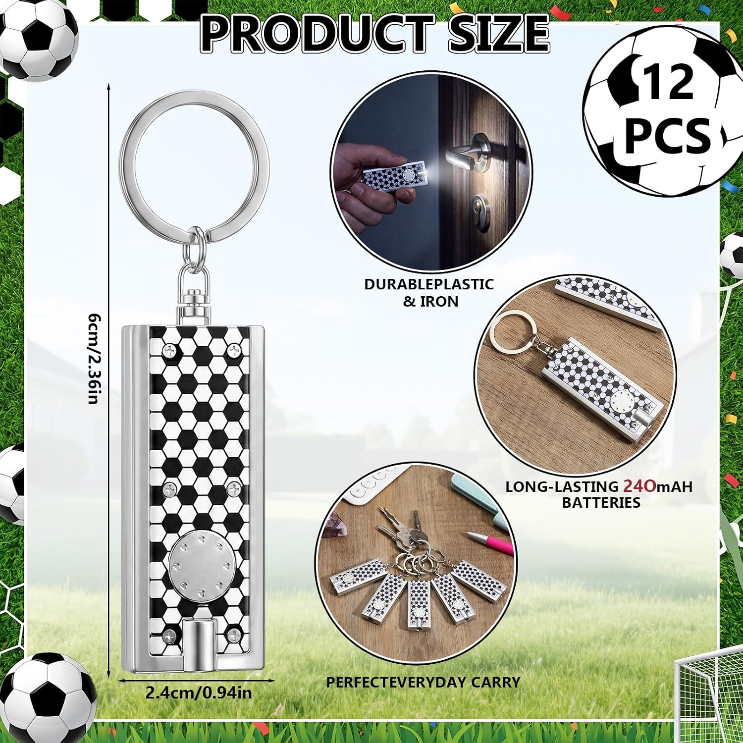 12 Pcs Soccer Mini Keychain Flashlight LED Keychain Light Bulk Small Portable Flashlight for Outdoor Camping Hiking Equipment Emergency Gift, Soccer Party Favors for Goodie Bag Gift Fillers