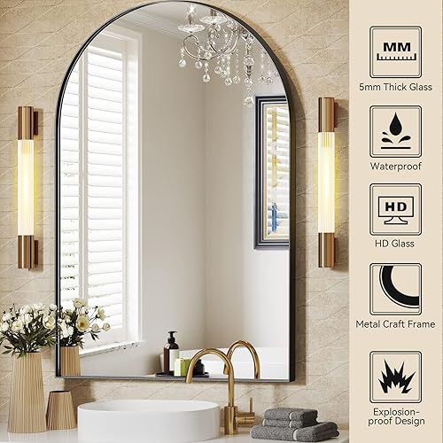Miniatura 10 de Brightify Espejo arqueado, espejo de pared arqueado, espejo de arco negro de 24 x 40 pulgadas, espejo de baño negro con marco de metal, espejo de