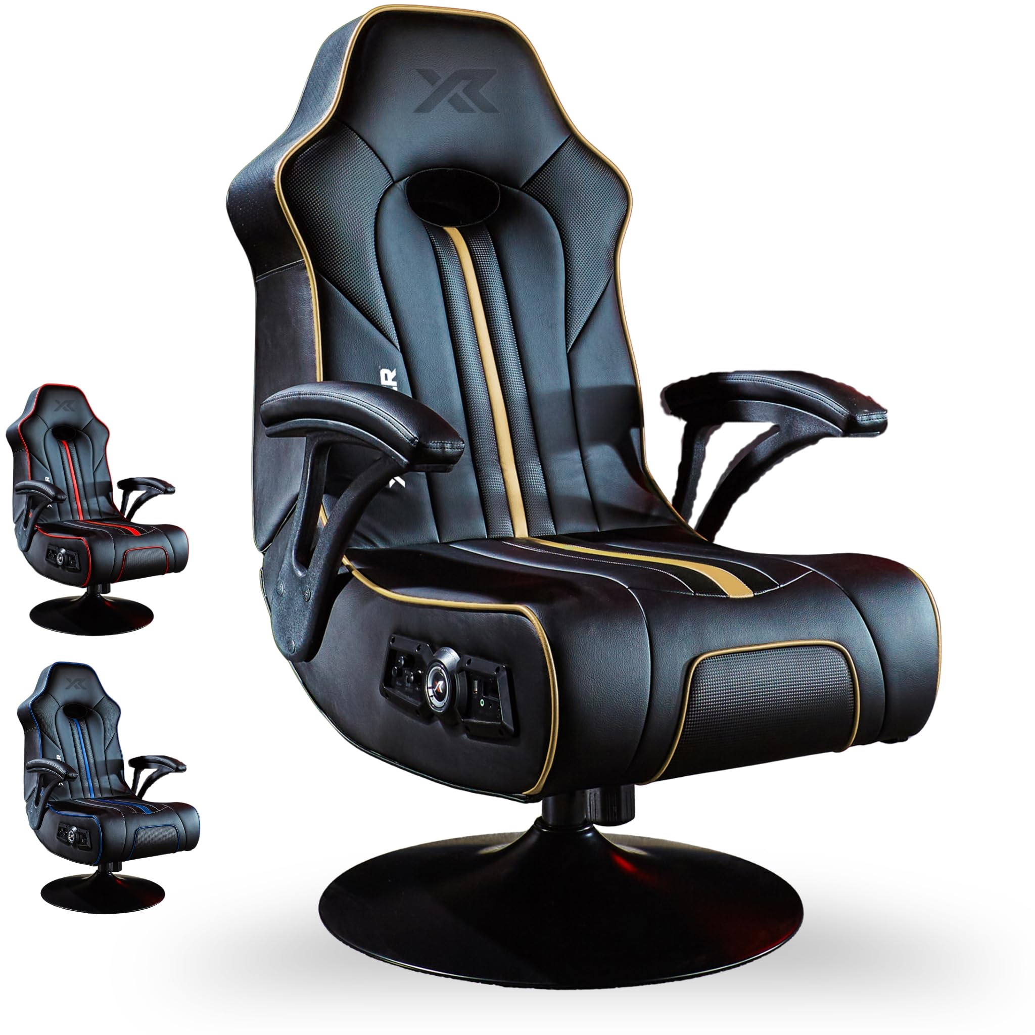 X-Rocker Torque Console Gaming Chair, 2.1 Stereo Audio Gaming Seat - Bluetooth Connectivity, Reactive Vibration, Foldable Base, Wipe-Clean Faux Leather for Teens & Adults - Black & Gold