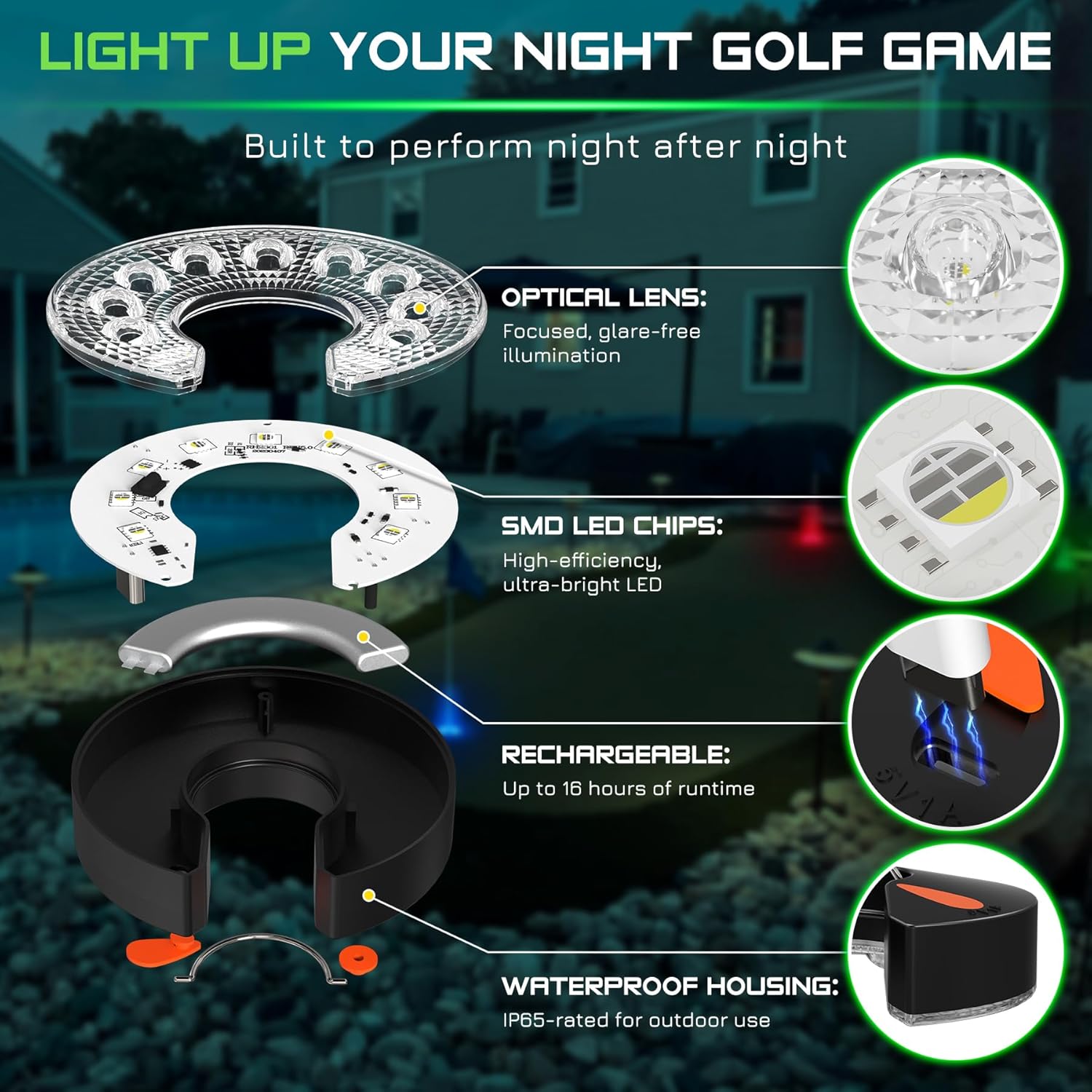 KINGTOP Rechargeable LED Golf Hole Light - Waterproof, Focused Illumination Lens, Remote-Controlled, Perfect for Backyard Night Golf Practice Putting Green Cup Lights, Camping, Outdoor Party