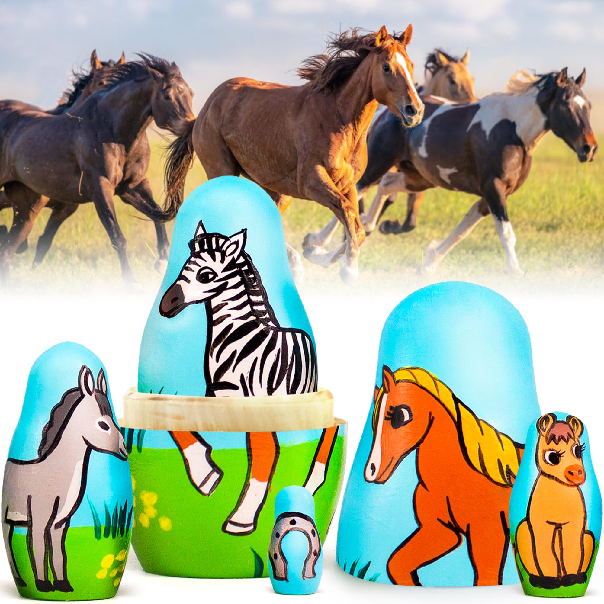 AEVVV Nesting Dolls Horses Set of 5 pcs - Handmade Wooden Animals Figurines - Gifts for Horse Lovers - Horse Decor for Home