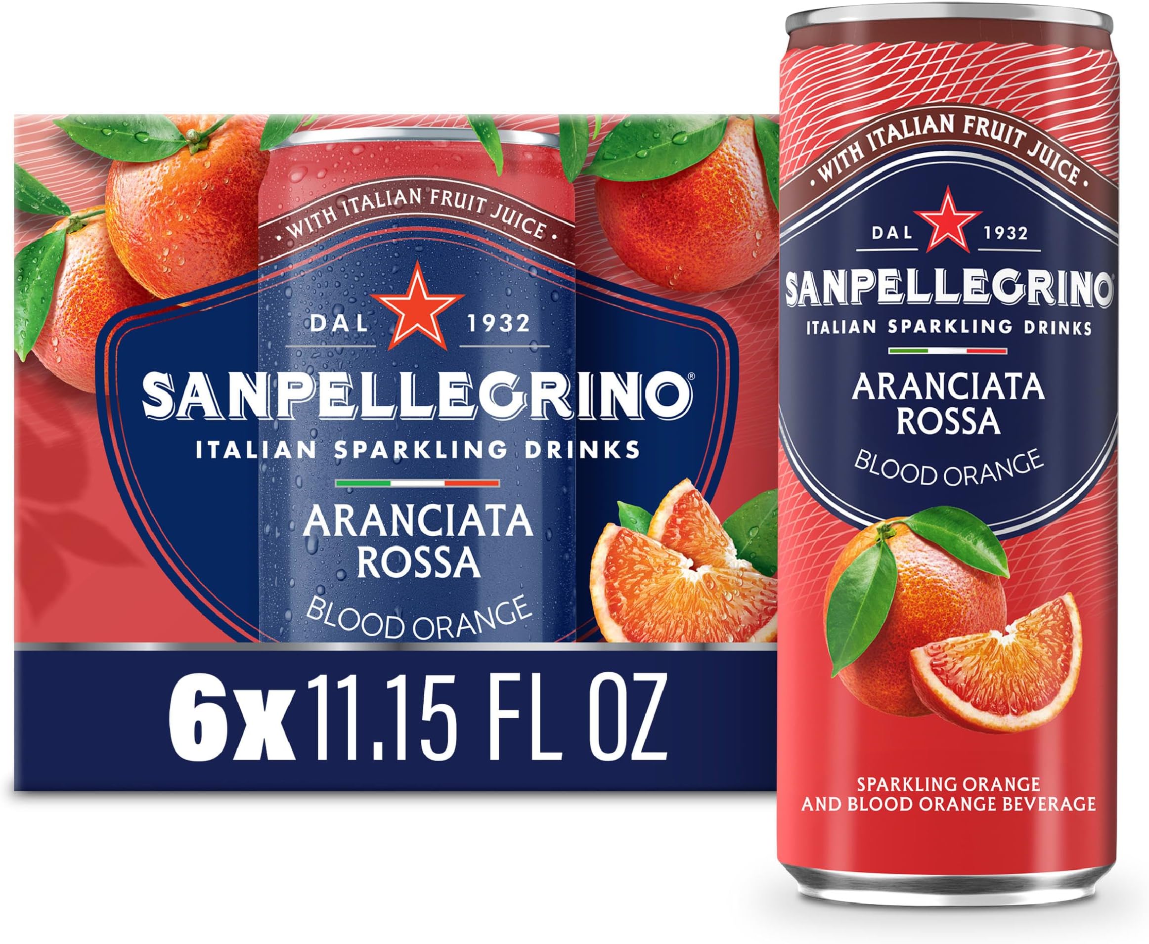 Sanpellegrino Italian Sparkling Drink Aranciata Rossa, Sparkling Orange and Blood Orange Beverage, 11.15 Fl Oz Can