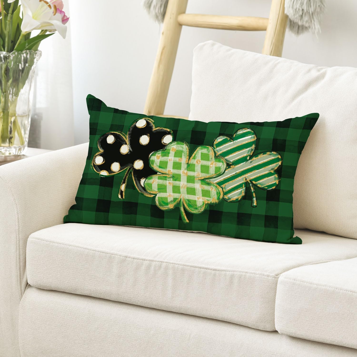 AVOIN colorlife St Patricks Day Clover Grey Buffalo Plaid Green Throw Pillow Cover, 12 x 20 Inch Polka Dot Shamrock Cushion Case Decoration for Sofa Couch - Image 5