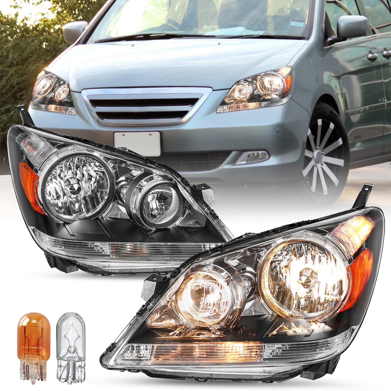 SOCKIR Headlight Assembly Replacement Pair for 2005 2006 2007 2008 2009 2010 Honda Odyssey Factory Halogen Headlamp (L+R)