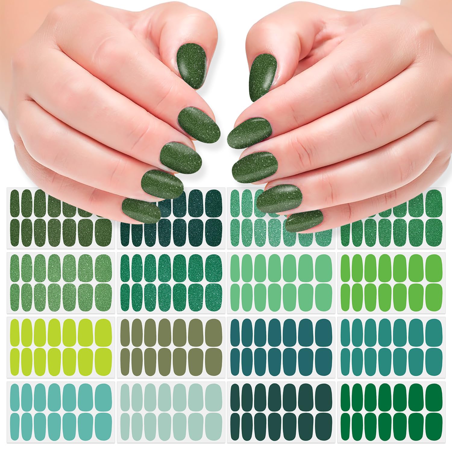 DANNEASY 16 Sheets Green Nail Wraps for Women Full Nail Polish Stickers Fresh Color Self Adhesive Nail Polish Strips Glitter Nail Strips Gel