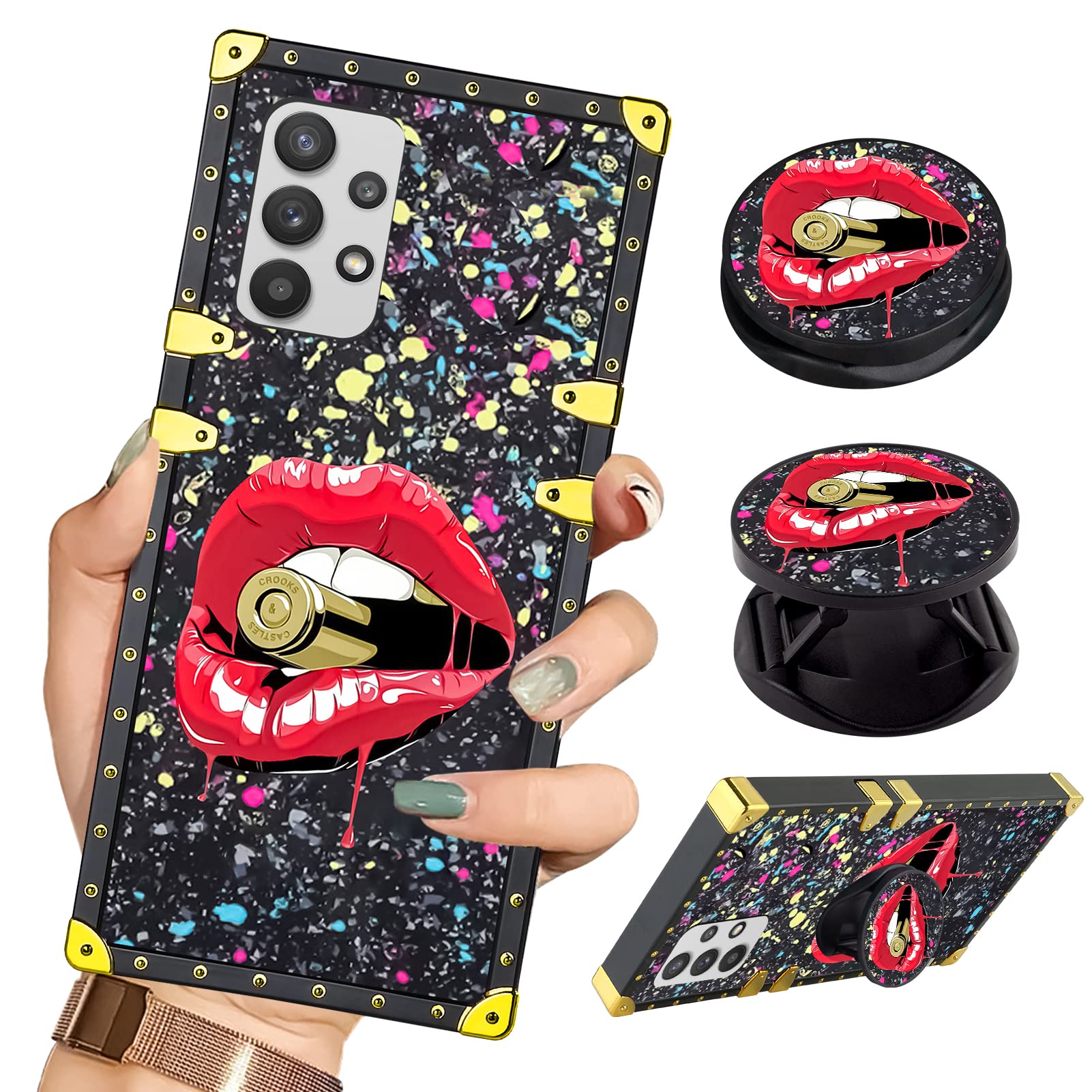 BITOBE Luxury Square Phone Case Designed for Samsung Galaxy A53 5G Retro Elegant Soft TPU Design Bumper Cover Bling Glitter Red Lips Bullet for Women Girls with Kickstand Stand Holder for A53 5G