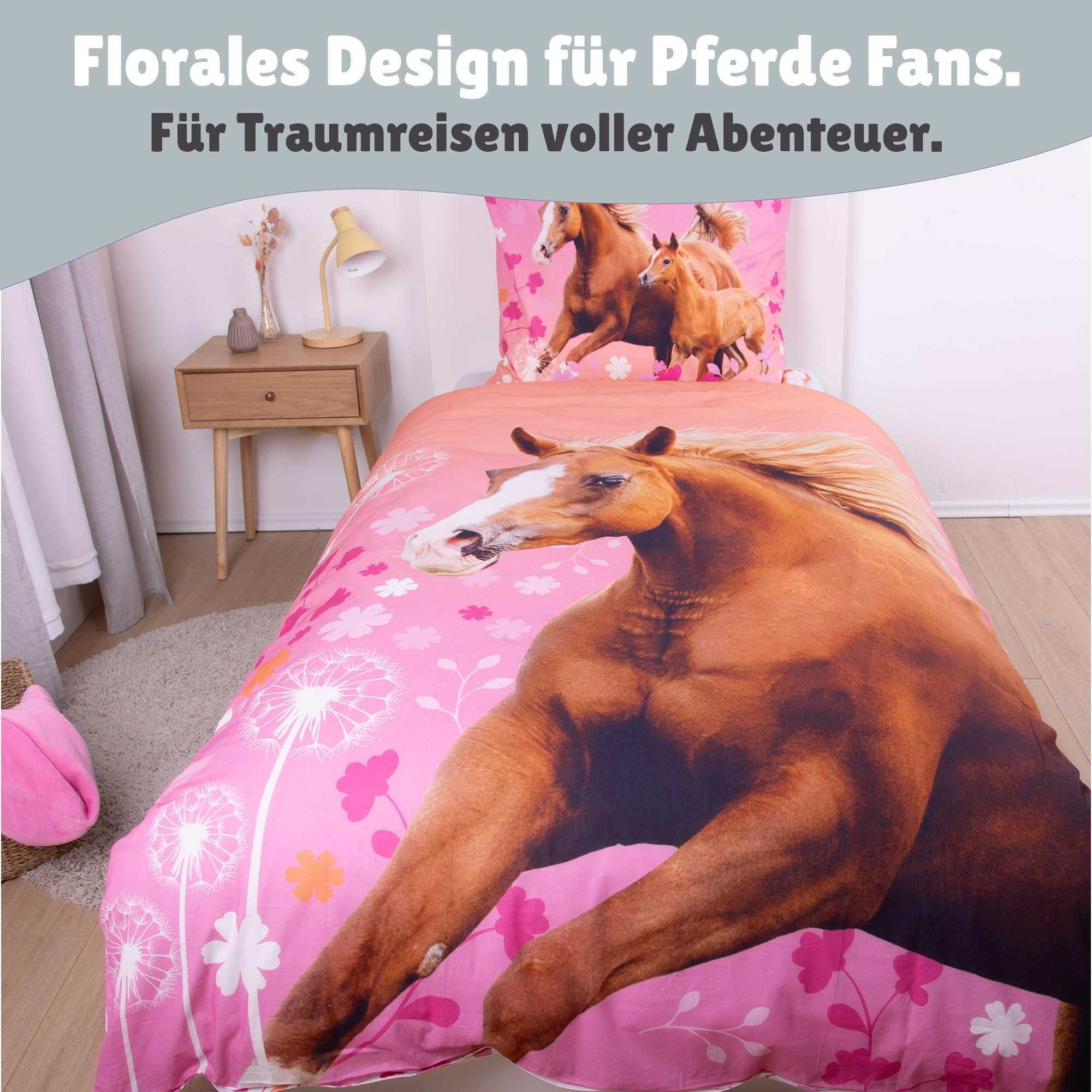 Pferd Bettwäsche Set 2-teilig 135x200 80x80 cm – Mädchenbettwäsche aus 100% Baumwolle mit Wendemotiv & Reißverschluss – Hautfreundlich & atmungsaktiv – Trocknergeeignet – Öko-TEX Zertifiziert