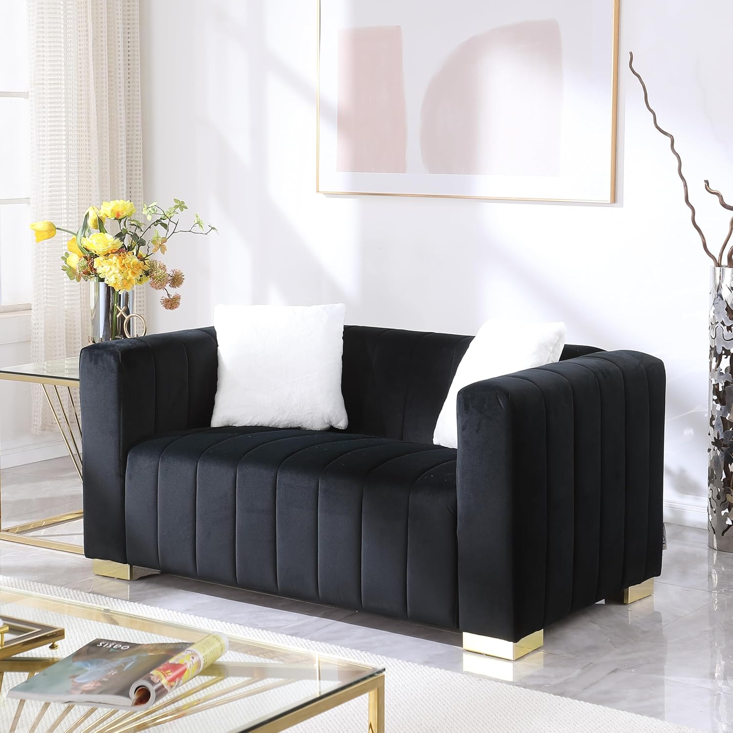 62.6'' Chesterfield Sofa Loveseat Couch for Living Room, Modern Velvet 2-seat Upholstered Sofa Couch with Pillows and Strong Gold Metal Legs for Apartment Bedroom Dorm Office - Black