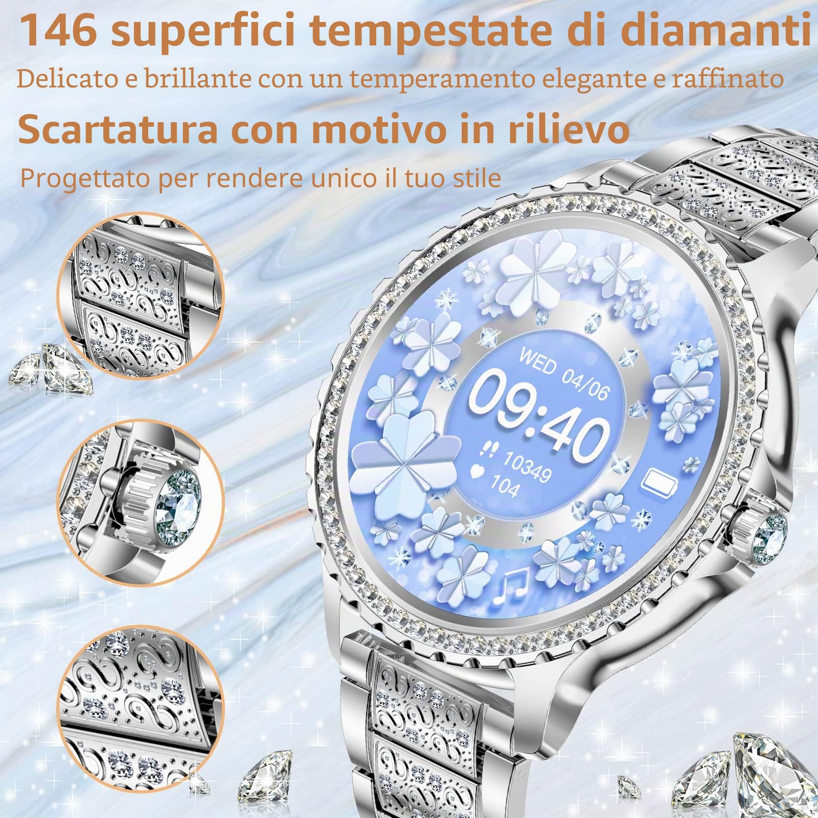 Smartwatch Donna Diamond,1.32''Smartwatch Donna Chiamate e whatsapp,Fisiologia Femminile Cardiofrequenzimetro SpO2/Monitoraggio del Sonno/120 Allenamenti, Orologio Smart Watch per iOS Android