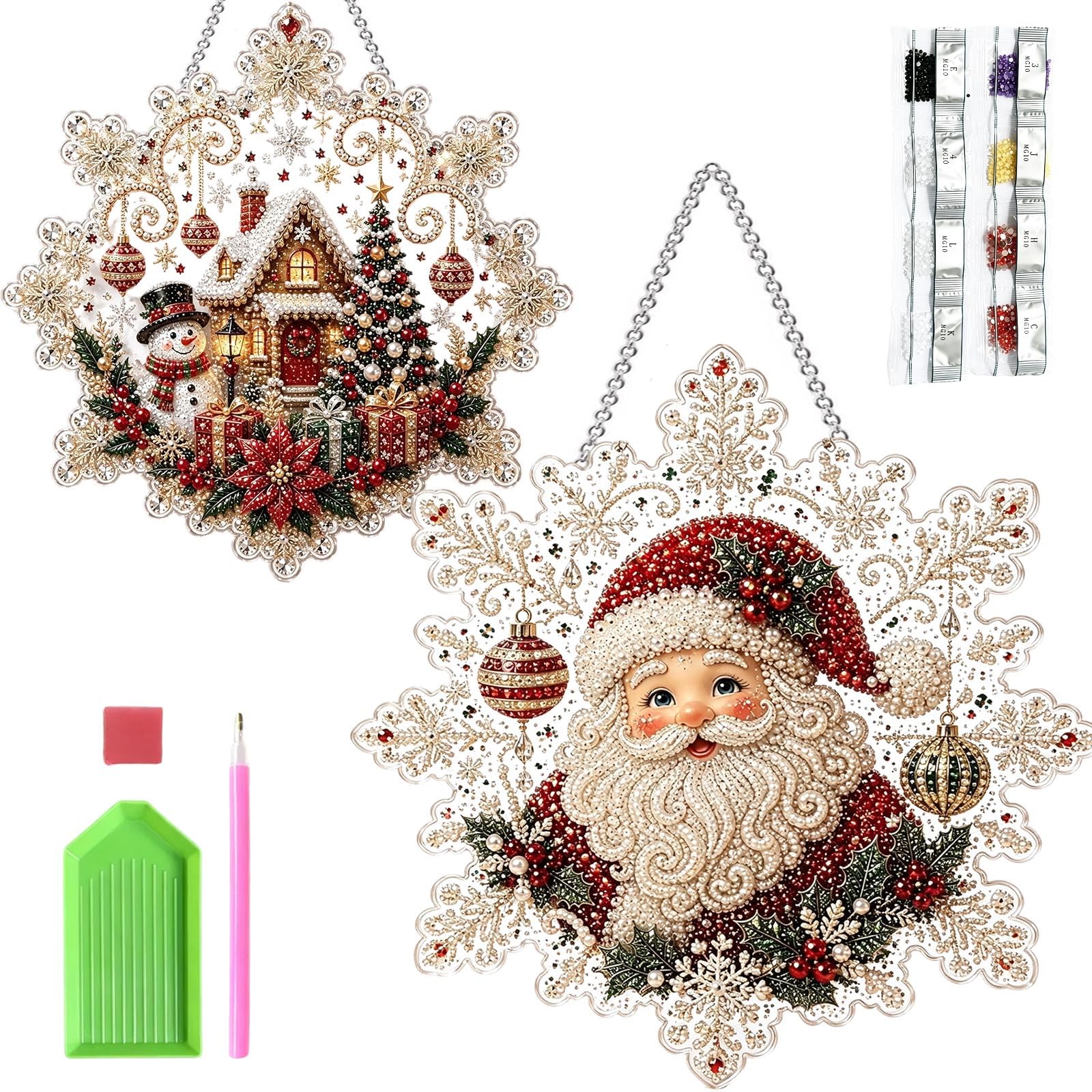 2PCS Christmas Pearl Diamond Painting Suncatcher Kits, DIY Craft for Adults, Christmas Diamond Art Ornaments (8IN)