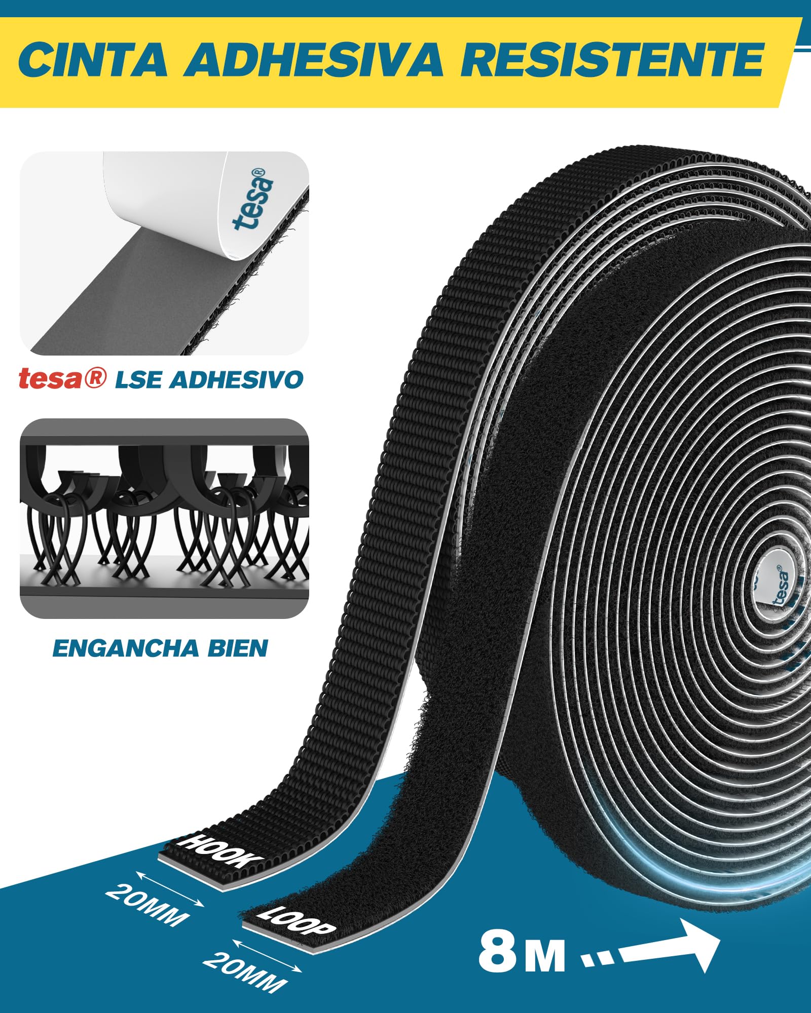 EMITEVER Autoadhesiva Doble Cara, Hook y Loop Tape Extrafuerte, Gancho y Cinta de Lazo Para Marcos De Fotos, Mosquiteras, Alfombrillas, Automóviles y Hecho a Mano (Negro, 8M X20mm)
