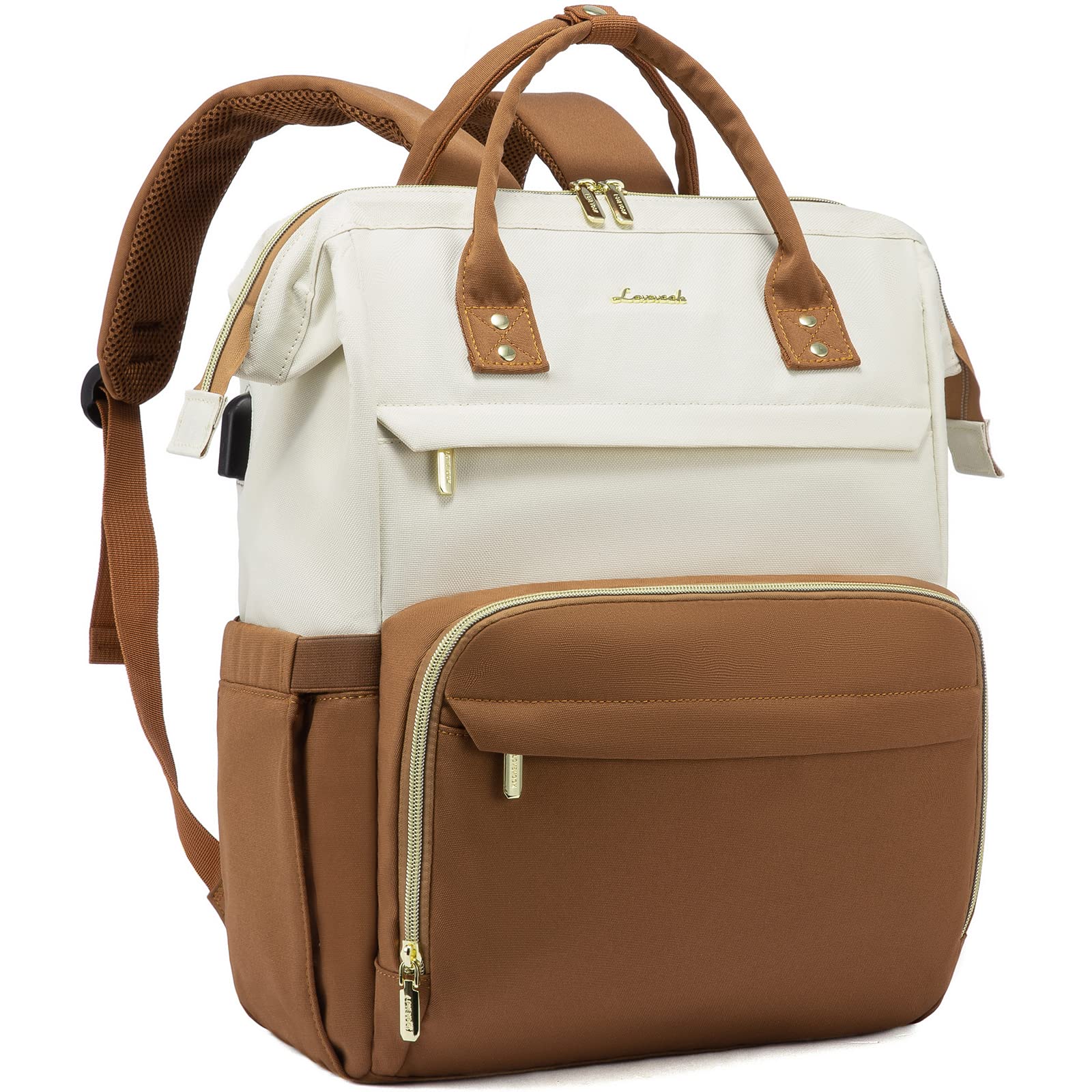 LOVEVOOK Laptop Backpack Purse for Women, 18 Inch Computer Business Stylish Backpacks, Doctor Nurse Bags for Work, Casual Daypack Backpack with USB Port, White-Light Brown