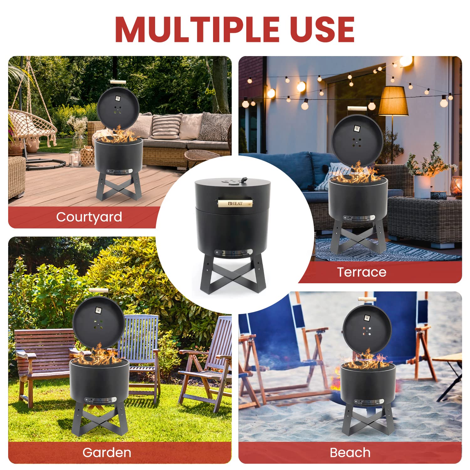 Grill na węgiel drzewny z pokrywką – czarna stal – grill Kamado – grill kempingowy na zewnątrz – 40 x 40 x 57 cm