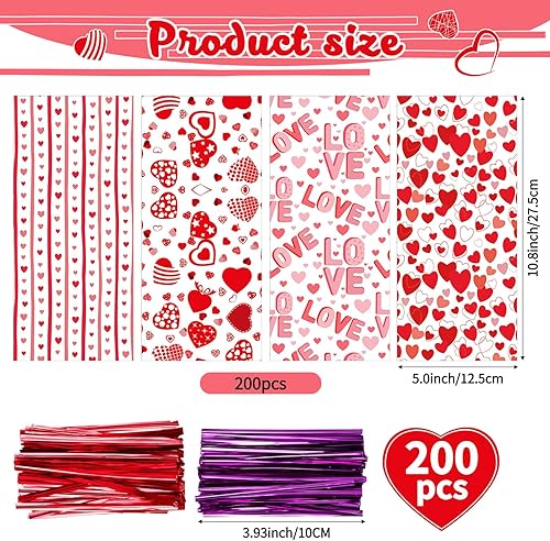 Miniatura 3 de Spakon 200 bolsas de celofán de San Valentín, bolsas de regalo de San Valentín, bolsas de galletas de corazón, regalos para el día de San Valentín