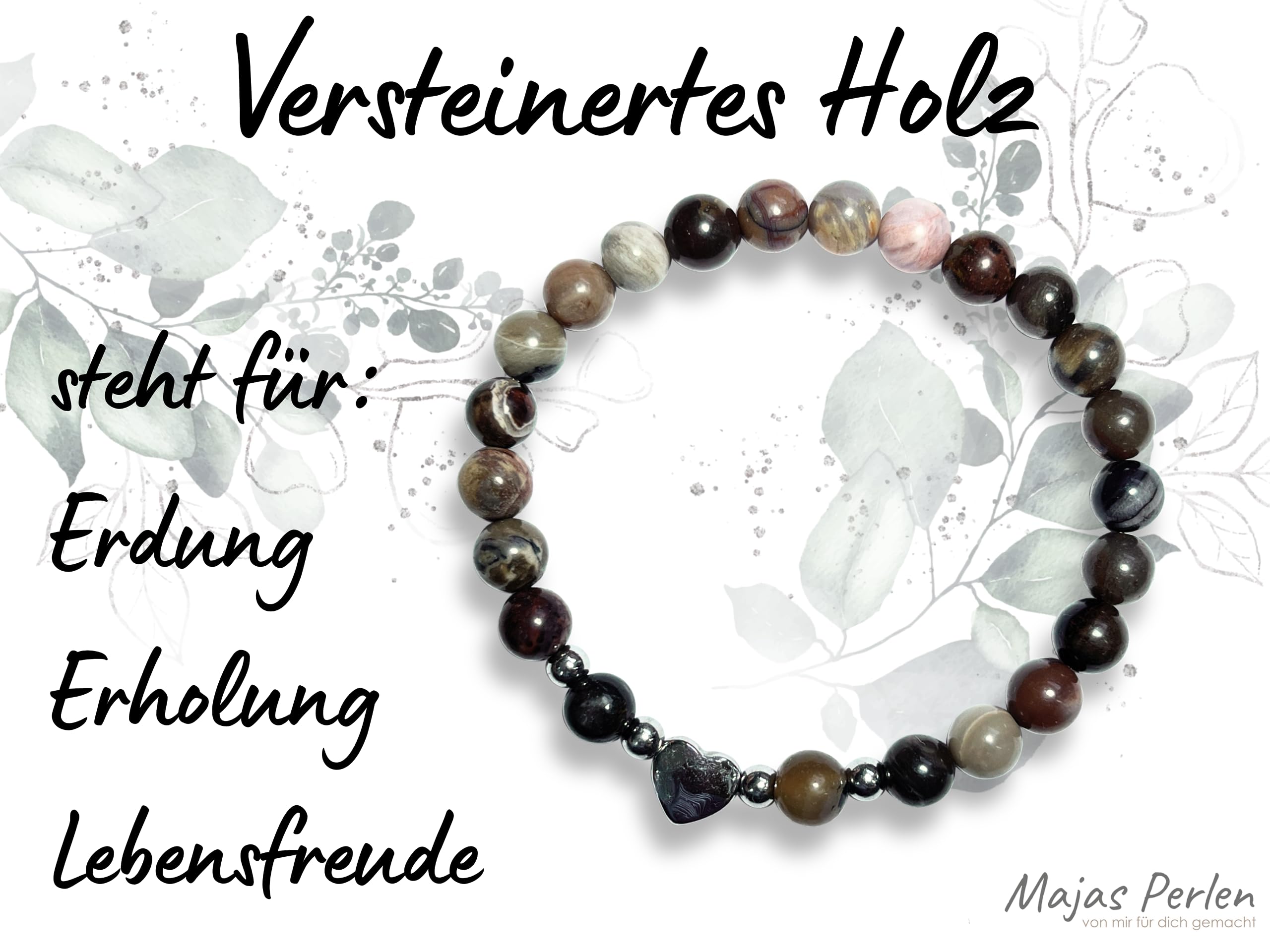Versteinertes Holz Armband Perlen echt 6mm Herz Edelstahl Silber Gold Roségold oder Ionisiert - Handmade Perlenarmband Lebensfreude Erdung Erholung - Spiritueller Schmuck Damen Mädchen