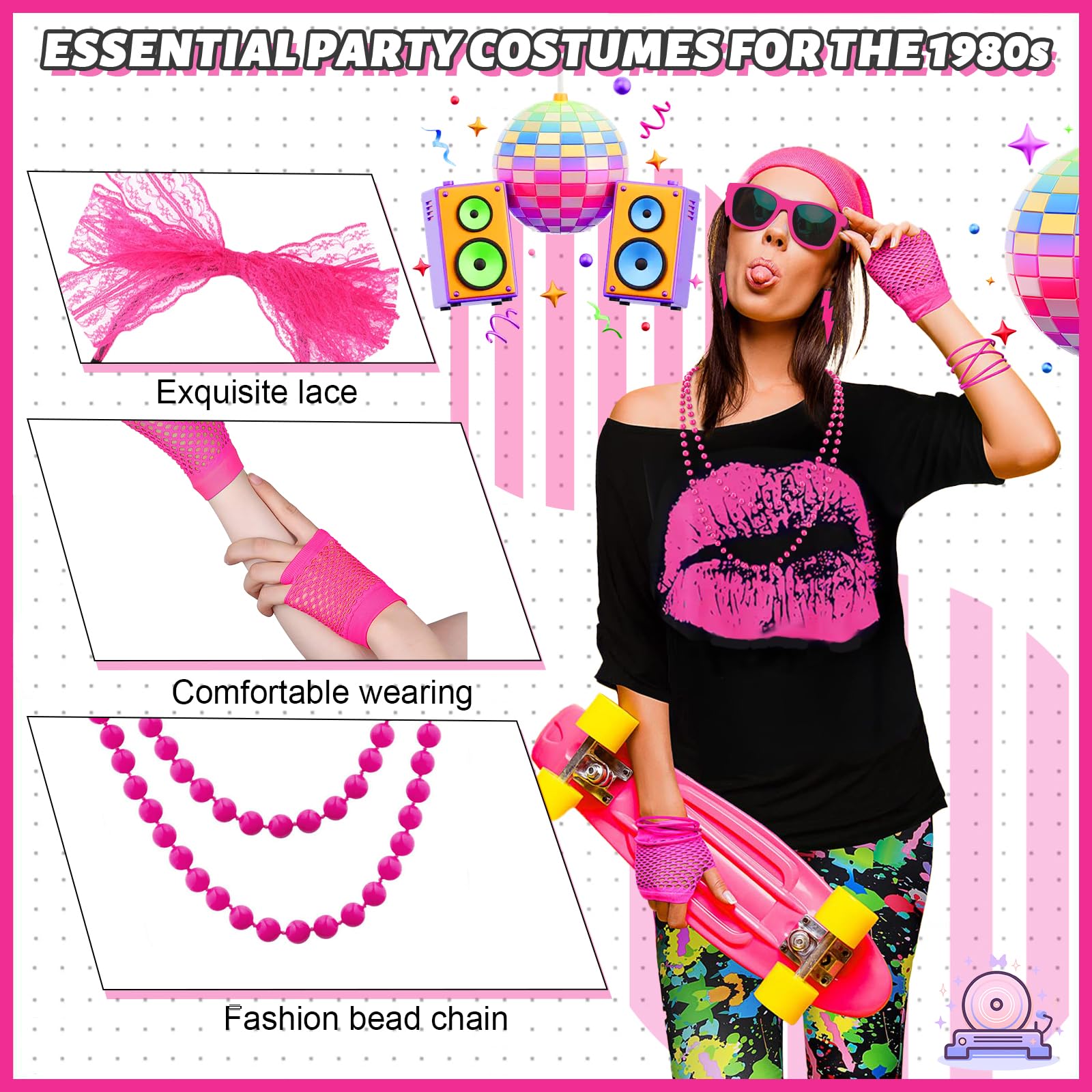 7PCS 80s Costume Accessories Set for Women 1980s Retro Outfit with T-shirt Headband Lightning Earrings Necklace Bracelet Mesh Sleeves Glasses Fancy Dress for 80s Theme Party - Image 4