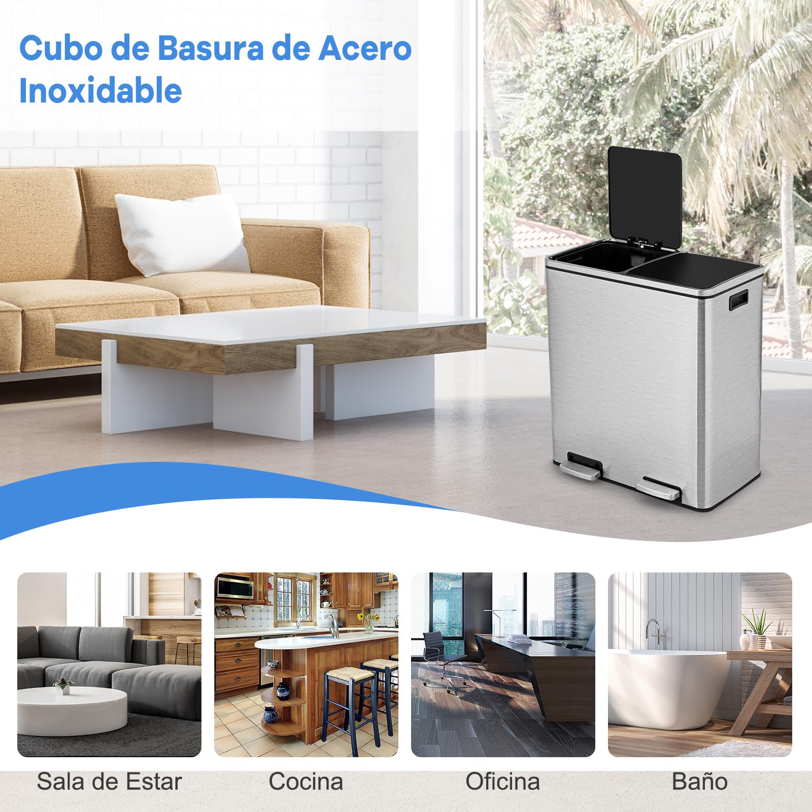COSTWAY Cubo de Basura de 60 L, 2 x 30 L, Papelera de Basura Reciclaje de Acero Inoxidable con Compartimentos 2, Pedal, Cubos Internos de Plástico y Tapas con Bisagras, Manijas, Cierre Suave