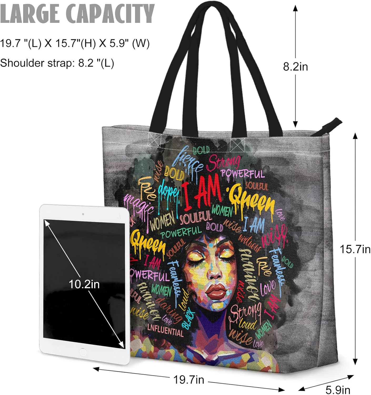 African American Women Tote Bag Black Shoulder Handbag For Women Fit Work Beach Labtops With Zip - Image 3