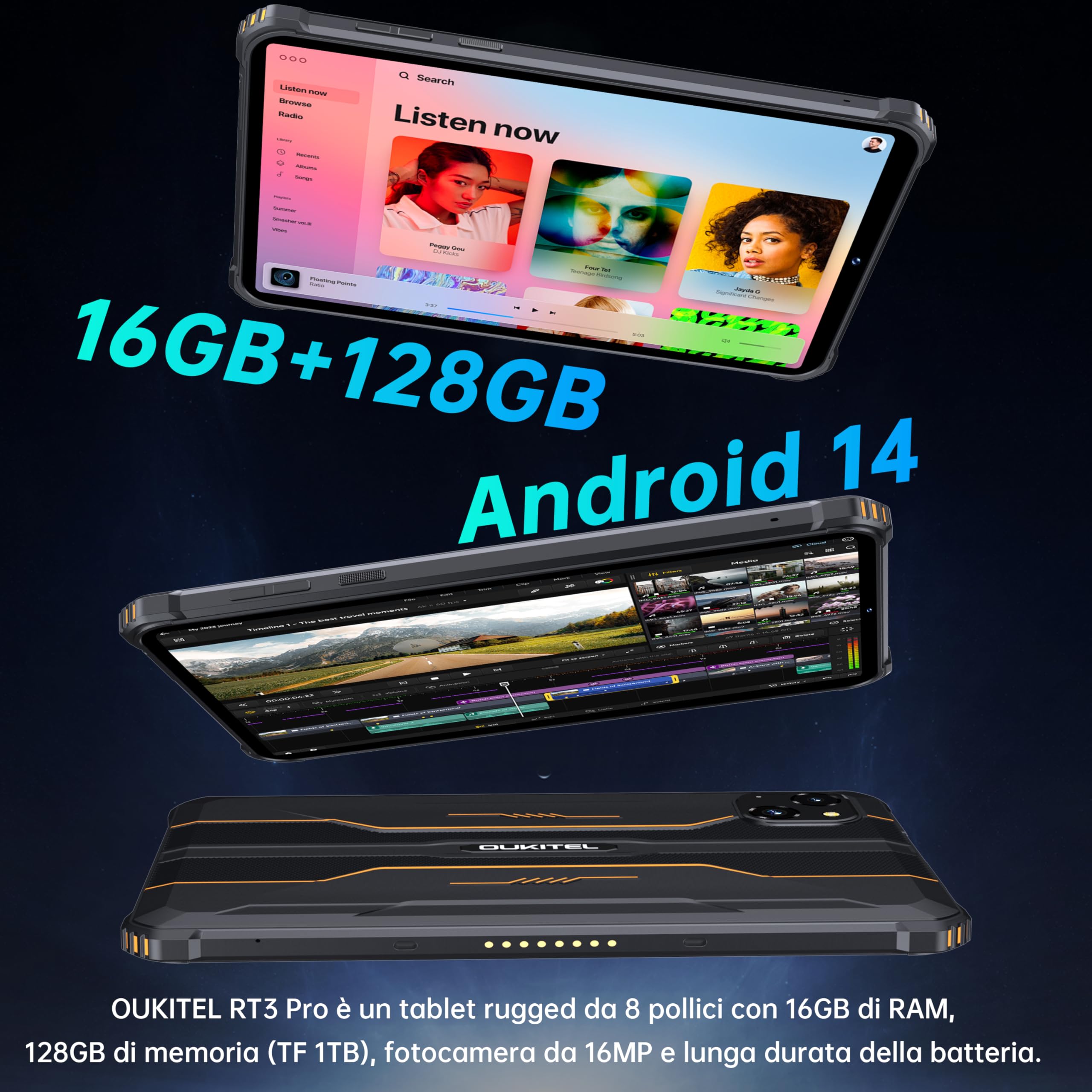 OUKITEL RT3 PRO Rugged Tablet - 8" HD Schermo - Android 14 16GB RAM + 128GB ROM/TF 1TB Tablet Robust MTK6769 Octa-Core 5150mAh 16MP+8MP Camera Tablet Impermeabile IP68/69K Dual SIM 4G Face ID Nero