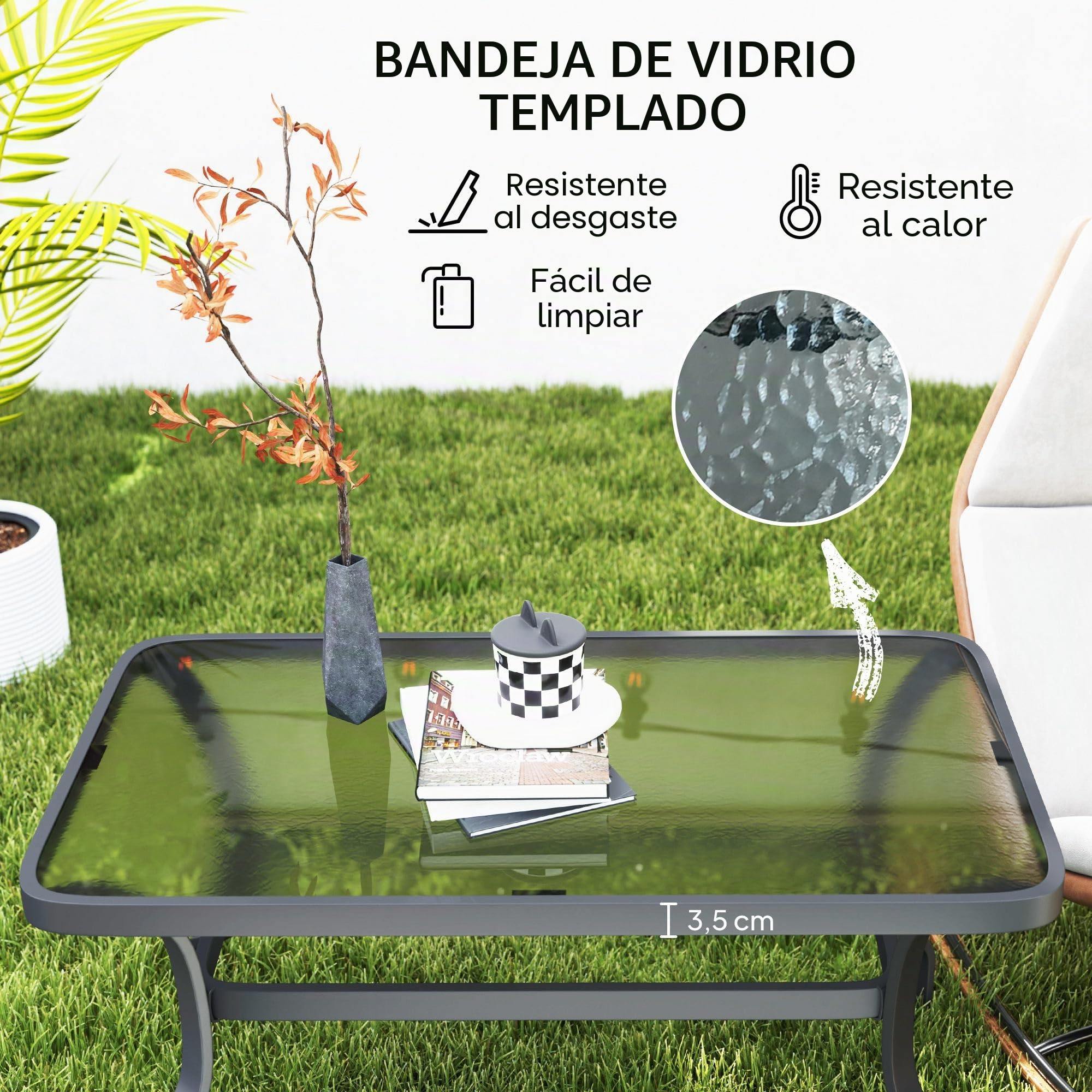 Outsunny - Mesa auxiliar de jardín rectangular con tapa de cristal templado para exterior, terraza, balcón, 95 x 55 x 46 cm, color negro