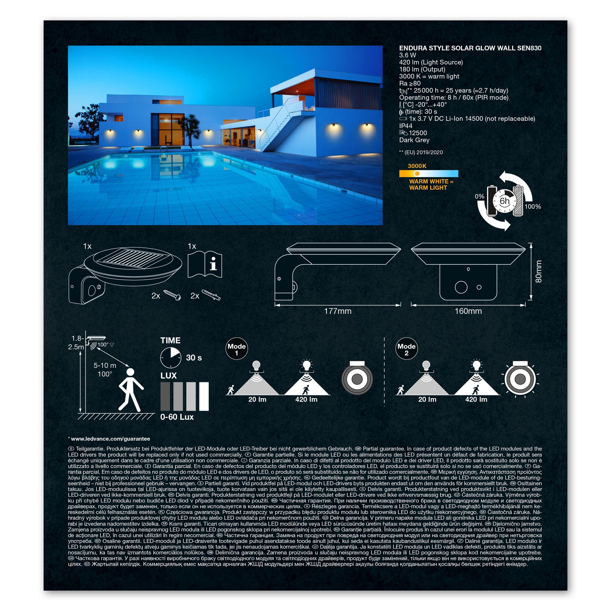 LEDVANCE Applique murale solaire ENDURA Style Glow, deux anneaux lumineux contrôlables séparément, lumière blanc chaud 3000K, capteur intégré, utilisable sans alimentation, protection IP44, gris foncé