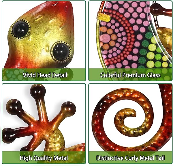 HONGLAND HONGLAND Metal Gecko Wall Art 2 Pack 15 Inch Lizard Outdoor Decor Hanging Glass Sculpture Decoration for Garden Fence Home in use