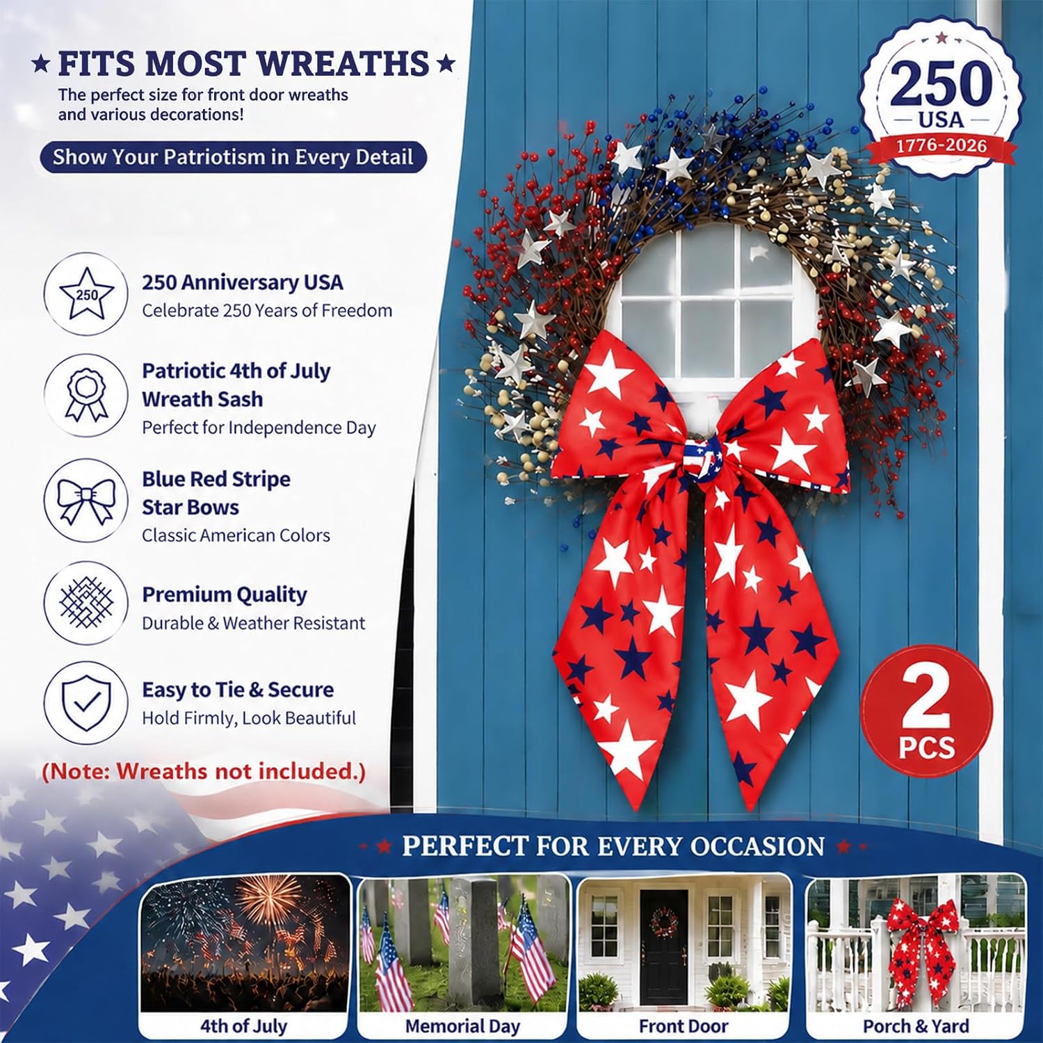 Patriotic Wreath Sash for Front Door, 2 Pack Red White Blue Wreath Decorations, 4th of July Decorations, Memorial Day Patriotic Porch Decor, USA 250th Anniversary Decorations
