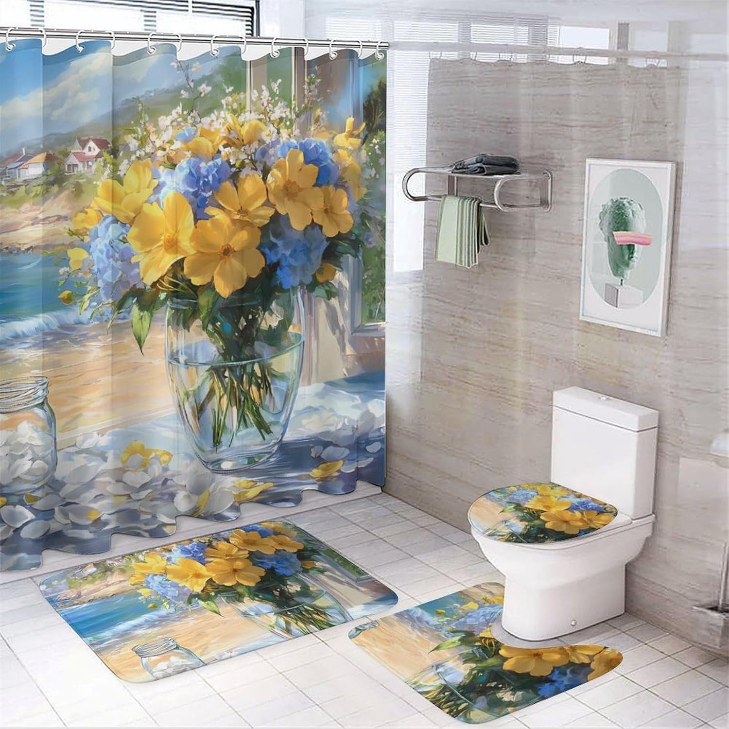 Seaside Bouquet Hydrangea Flowers Bathroom Sets with Shower Curtain and Rugs 4 Piece with U-Shaped Floor Mat Toilet Lid Cover