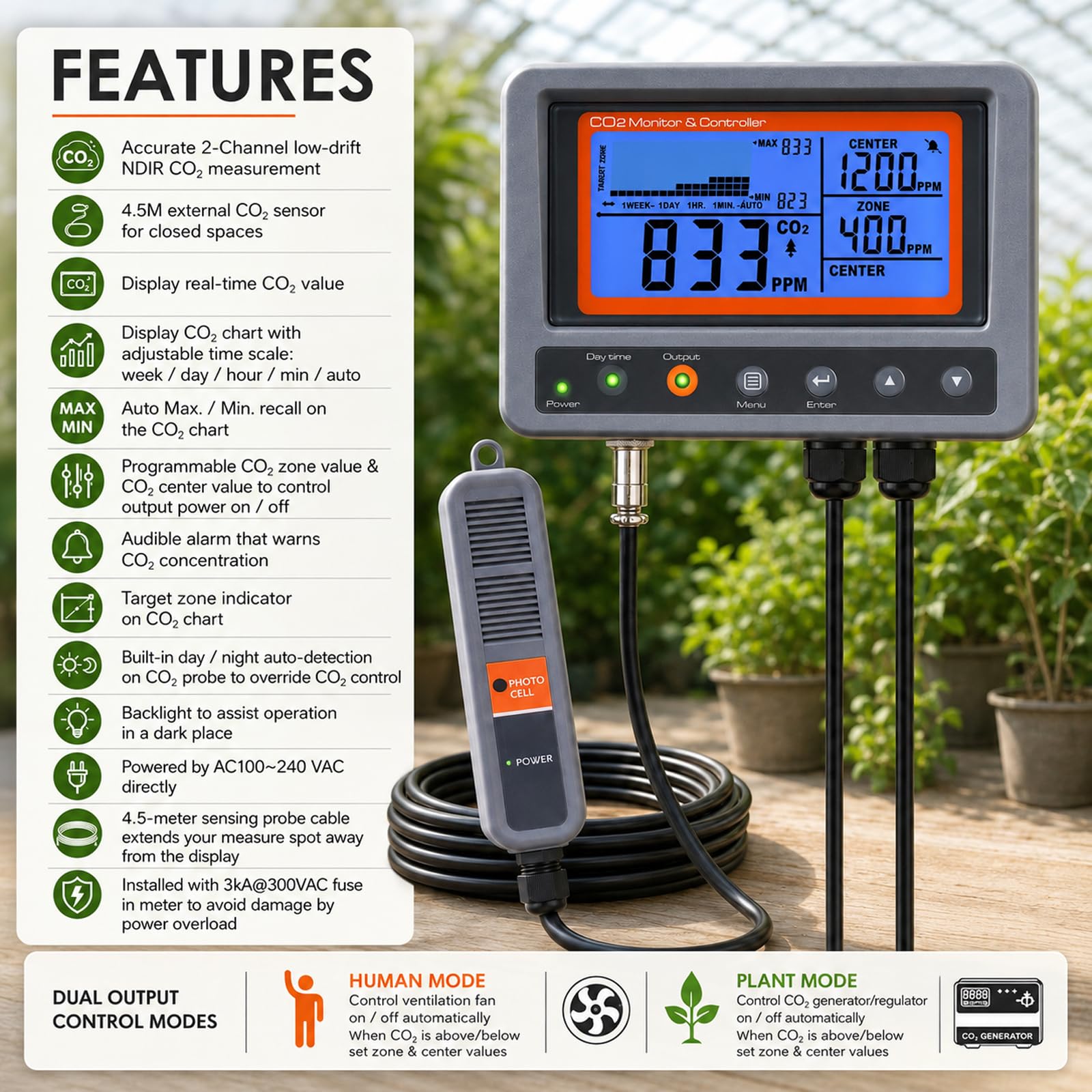 CO2-Controller Kohlendioxid-Controller CO2 Meter Monitor mit Relais-Funktion 4,5m Kabel NDIR Kohlendioxid-Sensor-Sonde für Grow-Raum, Pflanze, Grow-Zelt, Gewächshaus, Garten, Indoor