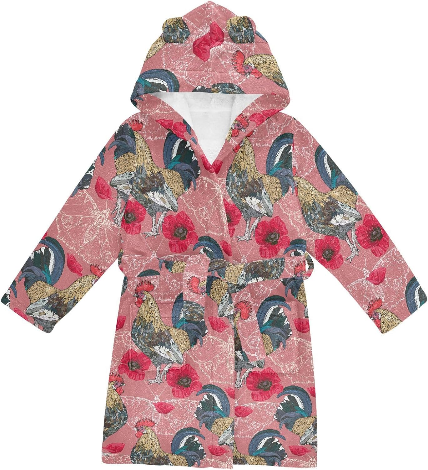 senya Red Poppies Butterflies Toddler Hooded Bathrobe Kids Soft Plush Bath Towel Robes for Boys Girls 2-12 Years